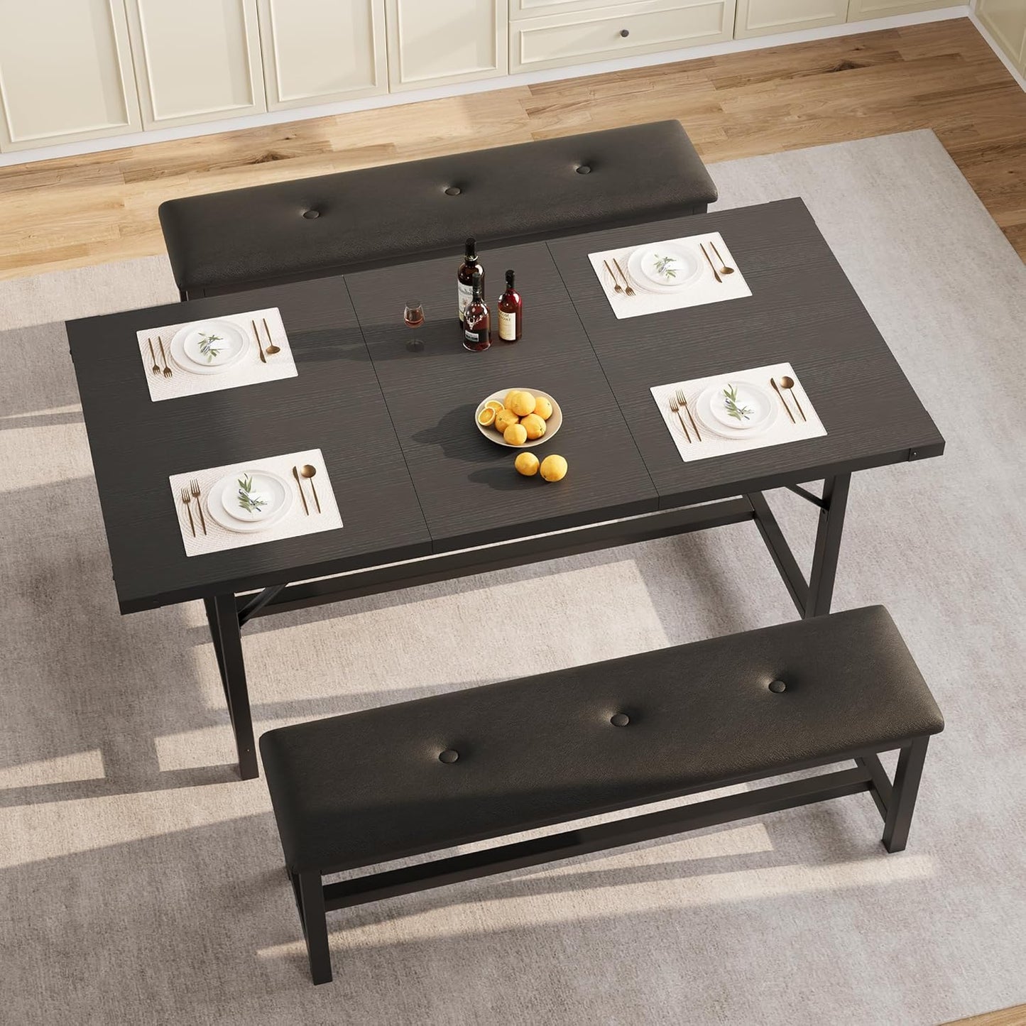 GarveeHome Dining Table Set for 4-6, 63" Extendable Wood Dining Room Table with Corner Protector & 2 Upholstered Benches, Kitchen Table Set for Apartment, Small Space, Easy Assembly, Retro Black