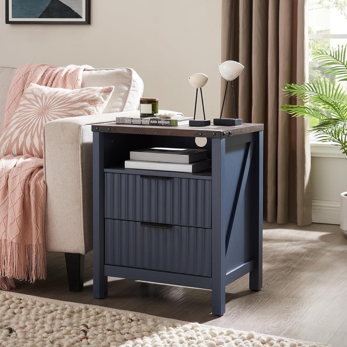 Navy Blue Nightstand with Charging Station Set of 2-20 Inch Wide Farmhouse Fluted Bedside Table with 2 Drawers, Modern Wood End Side Table for Bedroom Study Storage Home