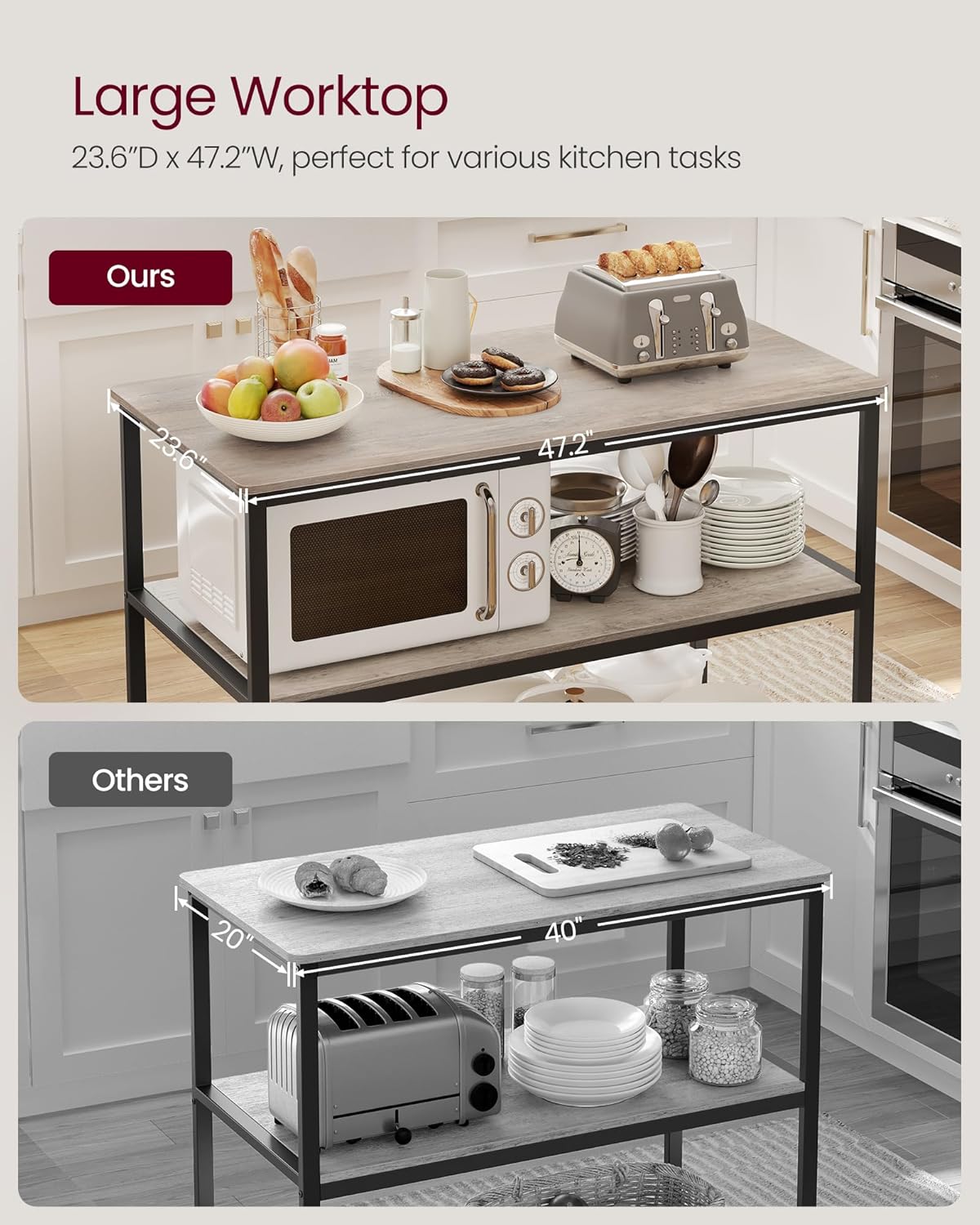 VASAGLE Kitchen Island with 3 Shelves, 47.2 Inches Width Kitchen Shelf with Large Worktop, Stable Steel Structure, Industrial, Easy to Assemble, Greige and Black UKKI001B02