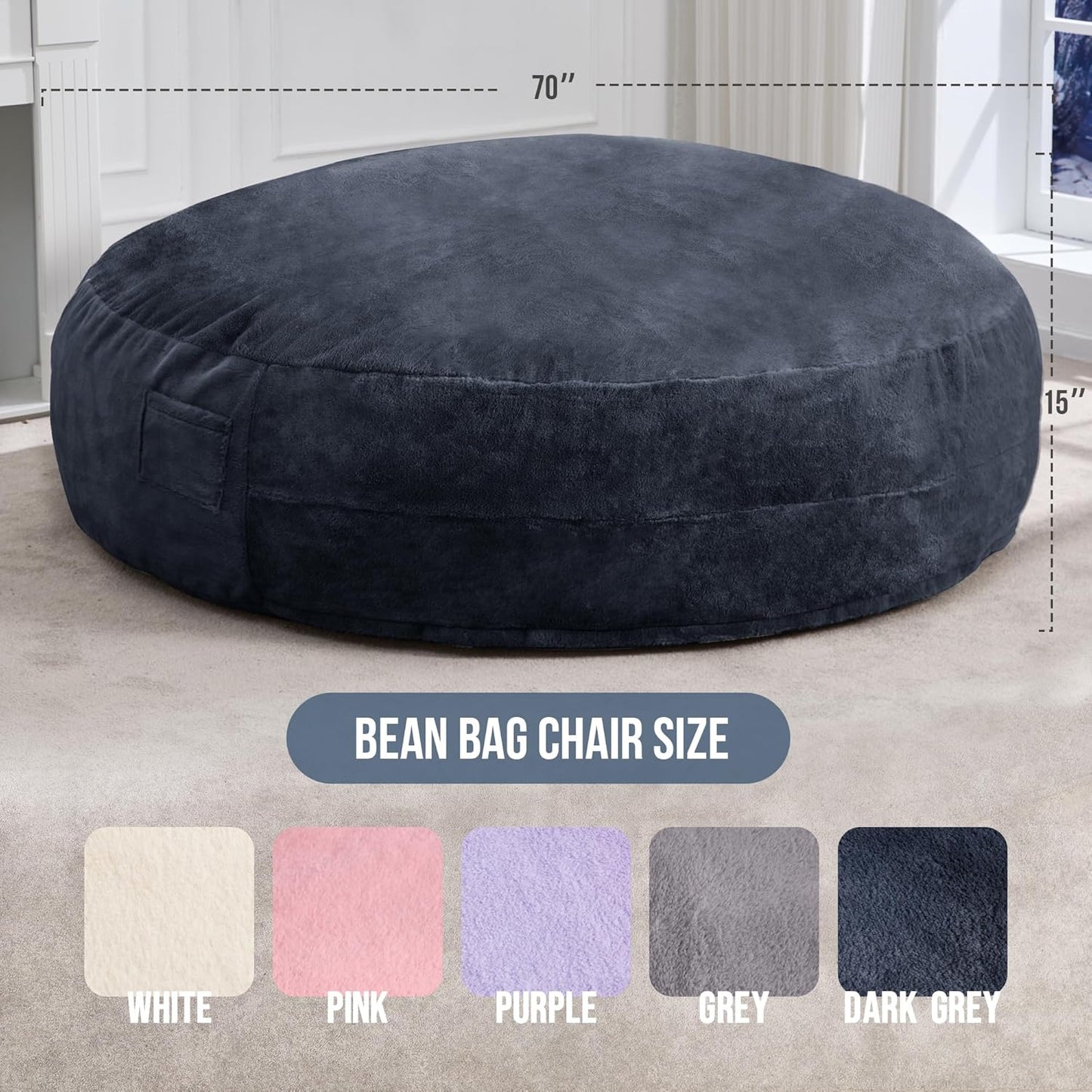Hobestluk 6ft Bean Bag Chairs for Adults Large Beanbag Chair with Plush Faux Fur Cover Big Bean Bag Chair for Living Room Bedroom Dorm Office - Dark Grey (70" x 70" x 15")