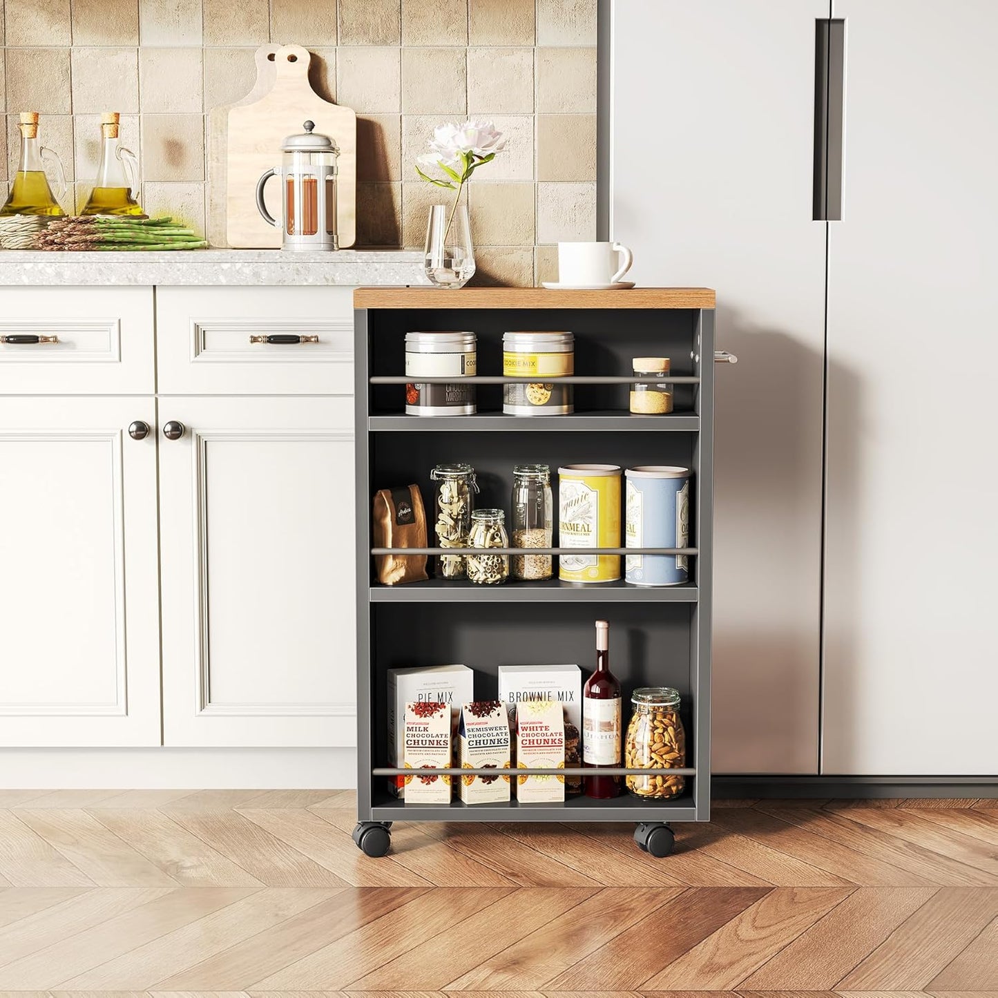 LITTLE TREE Slim Rolling Storage Cart, 3 Tier Snack Cart with Wheels for Kitchen, 6.3 Inch Wide Bathroom Organizer Shelves, Wooden Utility Cart for Laundry Room, Black