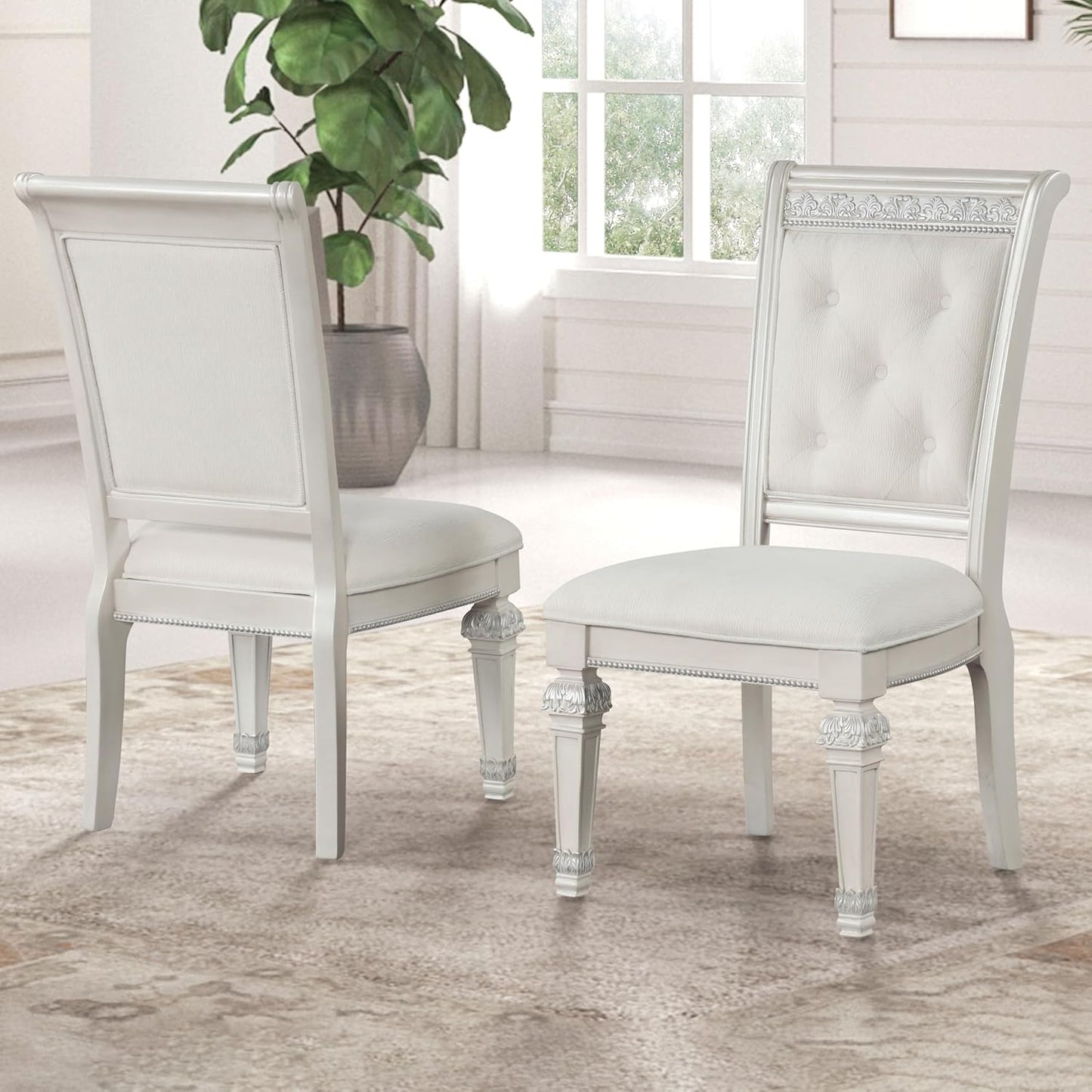 Furniture of America Gelbero Traditional Side Chairs Set of 2, Comfortable Upholstered Seating with Ornate Corbels and Button Tufting Backrest for Dining Room, Kitchen, and Living Room, Ivory
