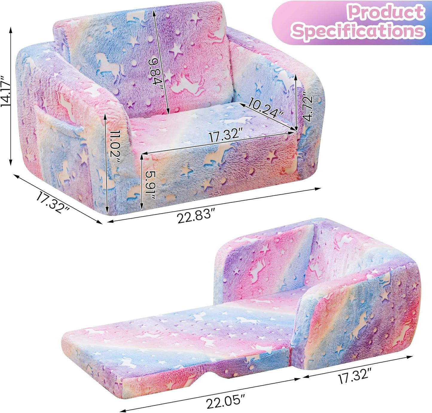 Lamerge 2-in-1 Soft Toddler Couch Fold Out,Foldable Toddler Chair, Glow in The Dark Kids Sofa for playroom,Convertible Foam and Floor Cushion for Boys and Girls (Rainbow and Unicorn)