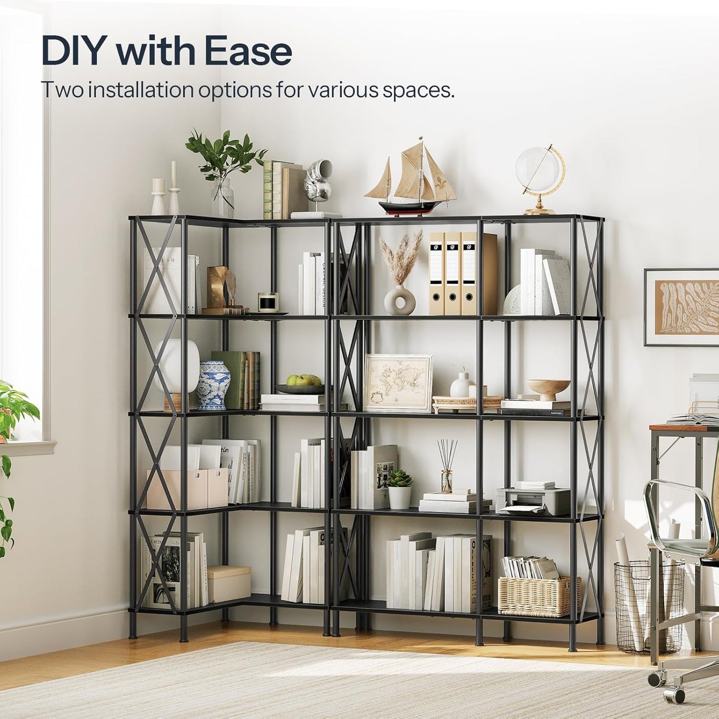 HOOBRO Corner Bookshelf, 5-Tier L-Shaped Bookcase, Industrial Open Display Shelf Tall Storage Organizer, Vertical Storage Rack, for Living Room, Home Office, Black BB60SJ01