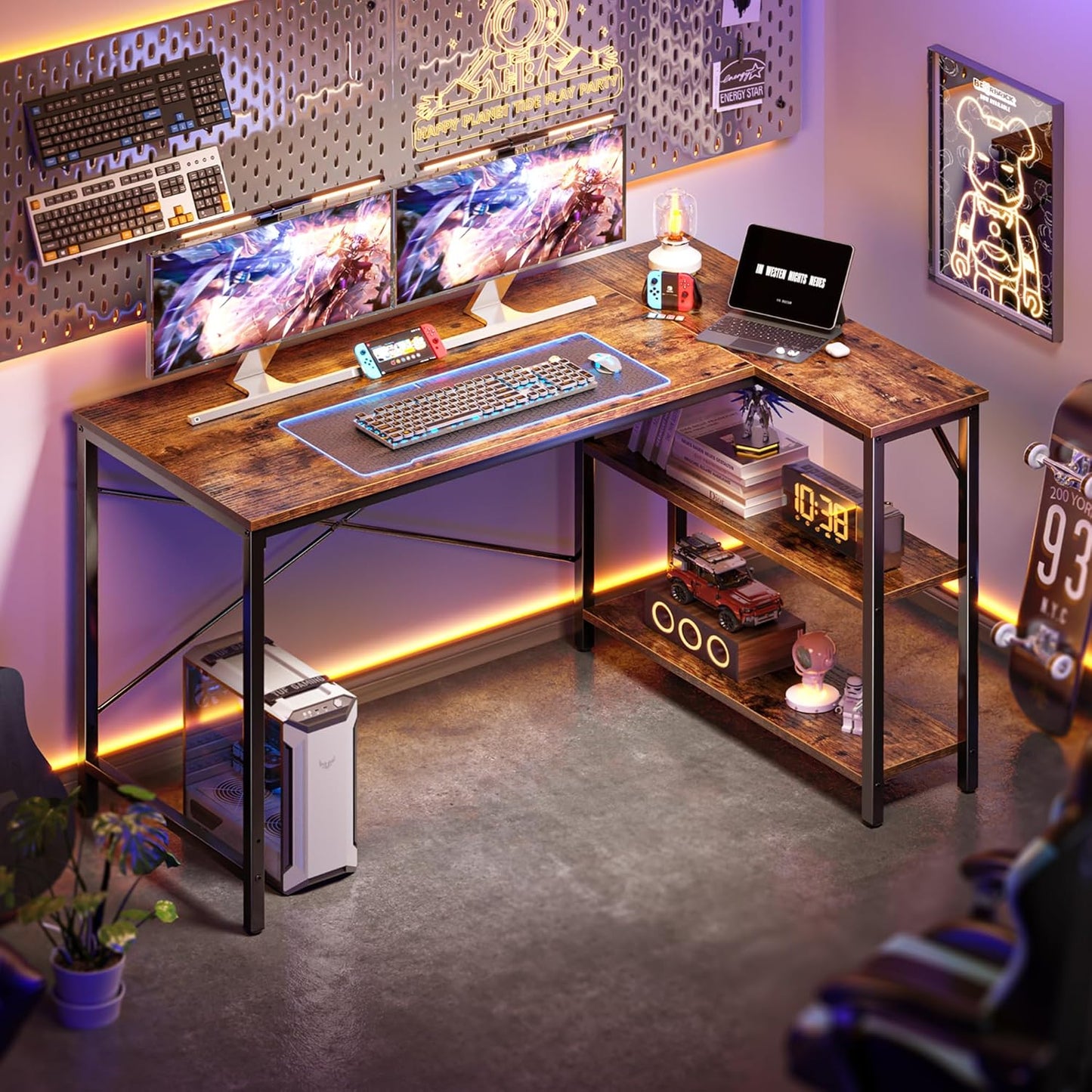 Huuger 47 Inches L Shaped Desk, Computer Desk with Reversible Storage Shelves, for Gaming Corner Home Office Writing Study, Metal Frame, Rustic Brown