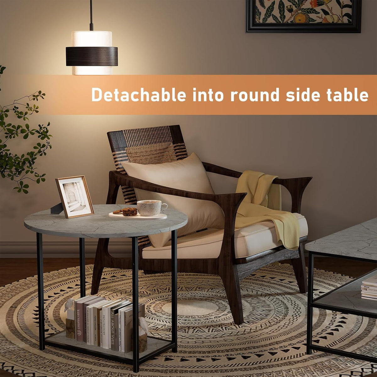 WOHOMO Coffee Table, Modern Style Coffee Tables for Living Room Marble Center Table with Storage 2 in 1Detachable Table Set,Grey Marble
