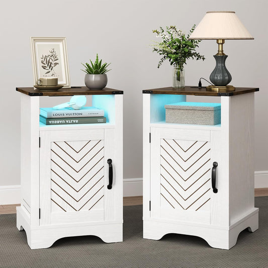 RoyalCraft Farmhouse Nightstand, White Night Stand with LED Lights and Charging Station, Bedside Table Set of 1 with Storage and Door, Wood End Table for Bedroom, Home Office, Antique White