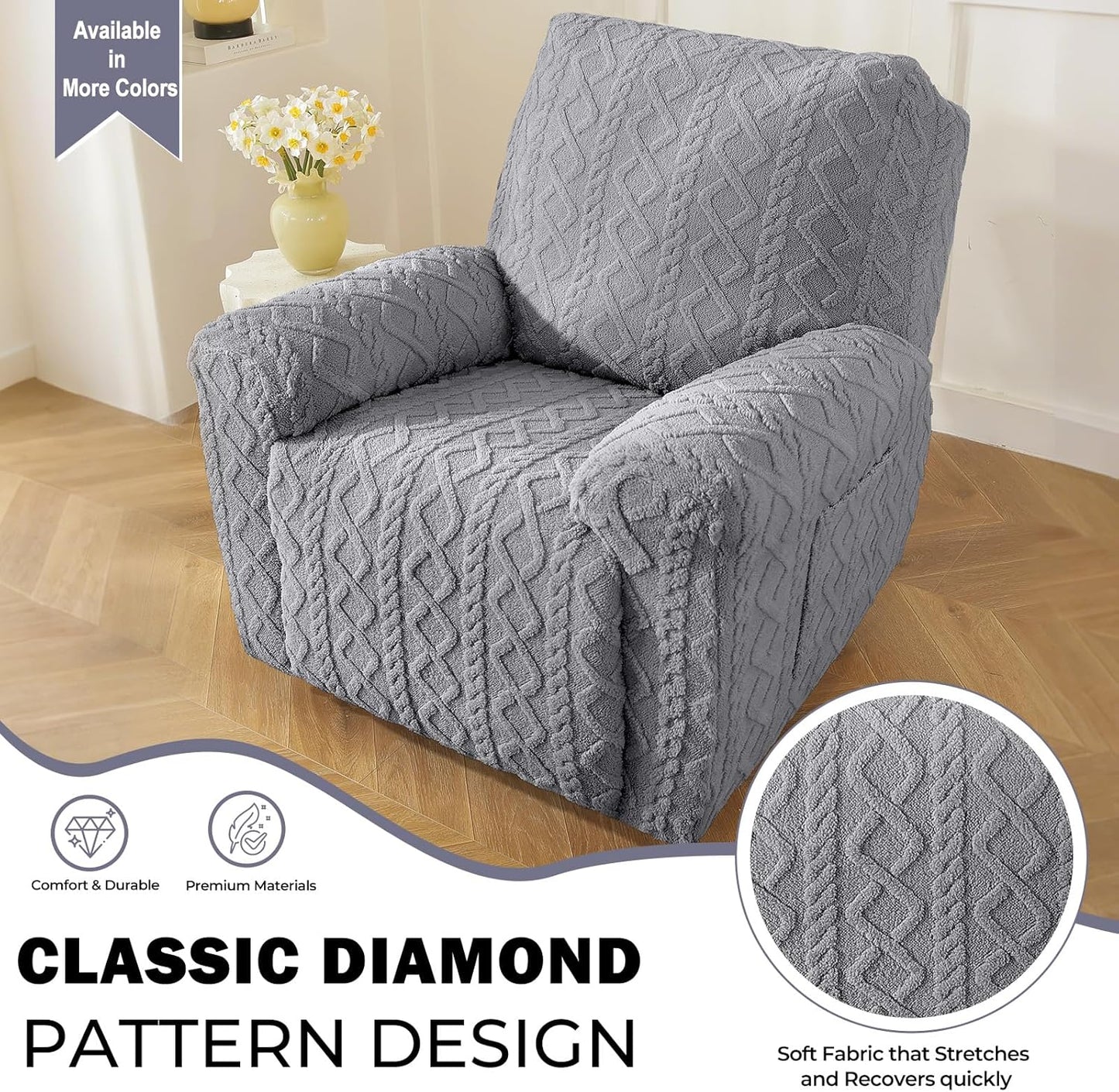 vctops 4 Pieces Geometric Jacquard Plush Recliner Slipcovers Soft Fuzzy Fluffy Sofa Couch Cover Anti-Slip Furniture Protector with Elastic Bottom for Kids Cats Dogs(Grey,1 Seat)