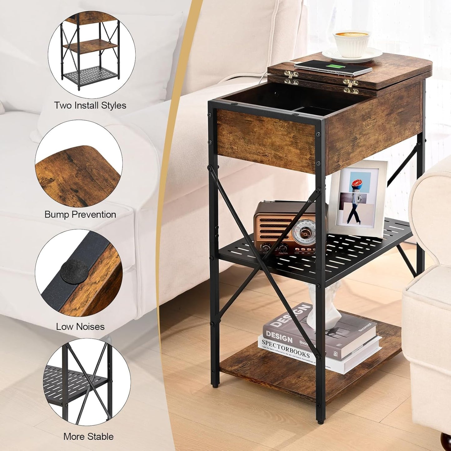 Narrow End Table with Charging Station, Side Table with 3 USB Ports and 2 AC Outlets, Flip Top End Table with Storage, Nightstand with Drawer, Side Tables Living Room, Bedroom, Brown