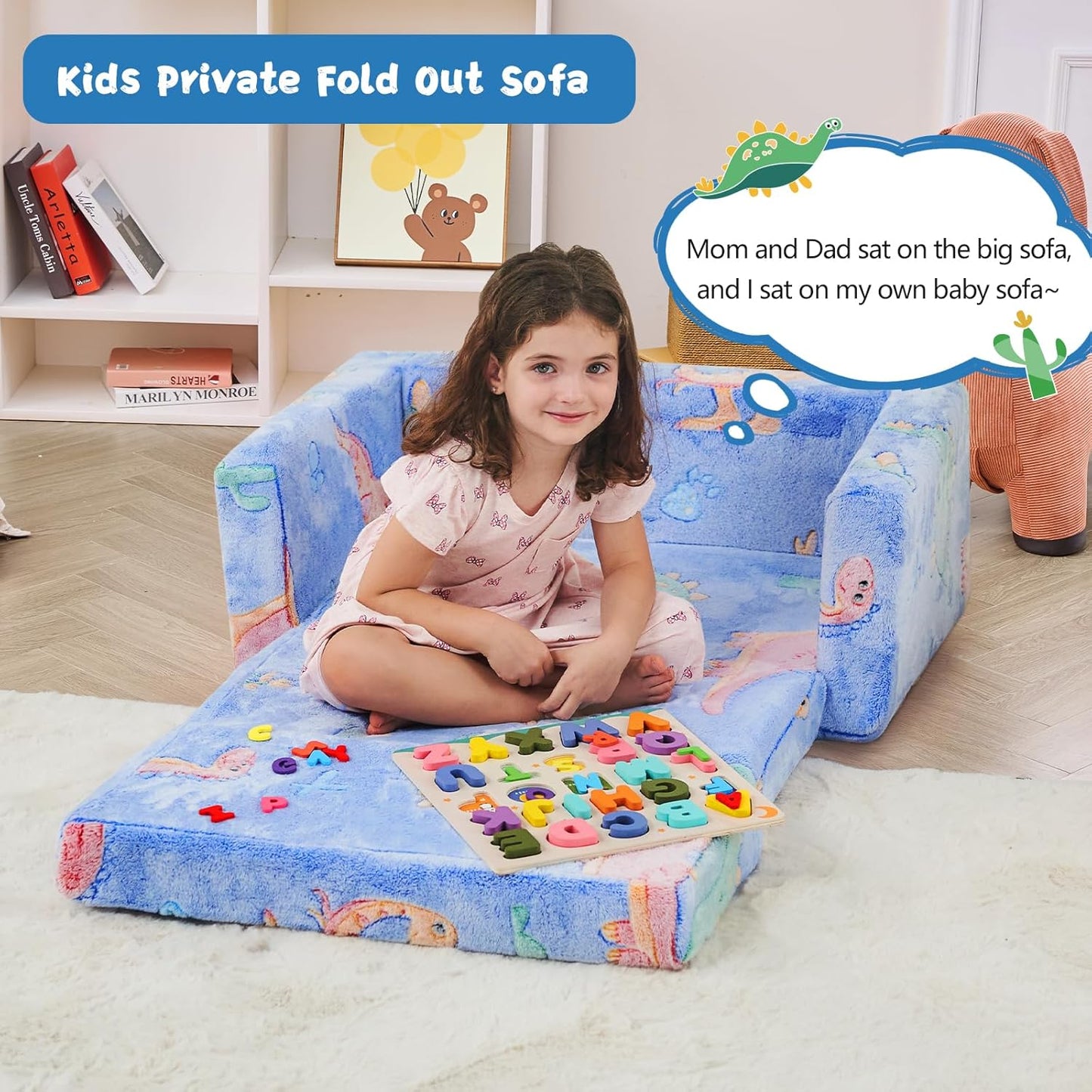Toddler Chair Comfy,2-in-1 Soft Toddler Couch Fold Out for Kids,Convertible Sofa to Lounger,Gift for Girls and Boys Birthday,Dinosaurs,Large