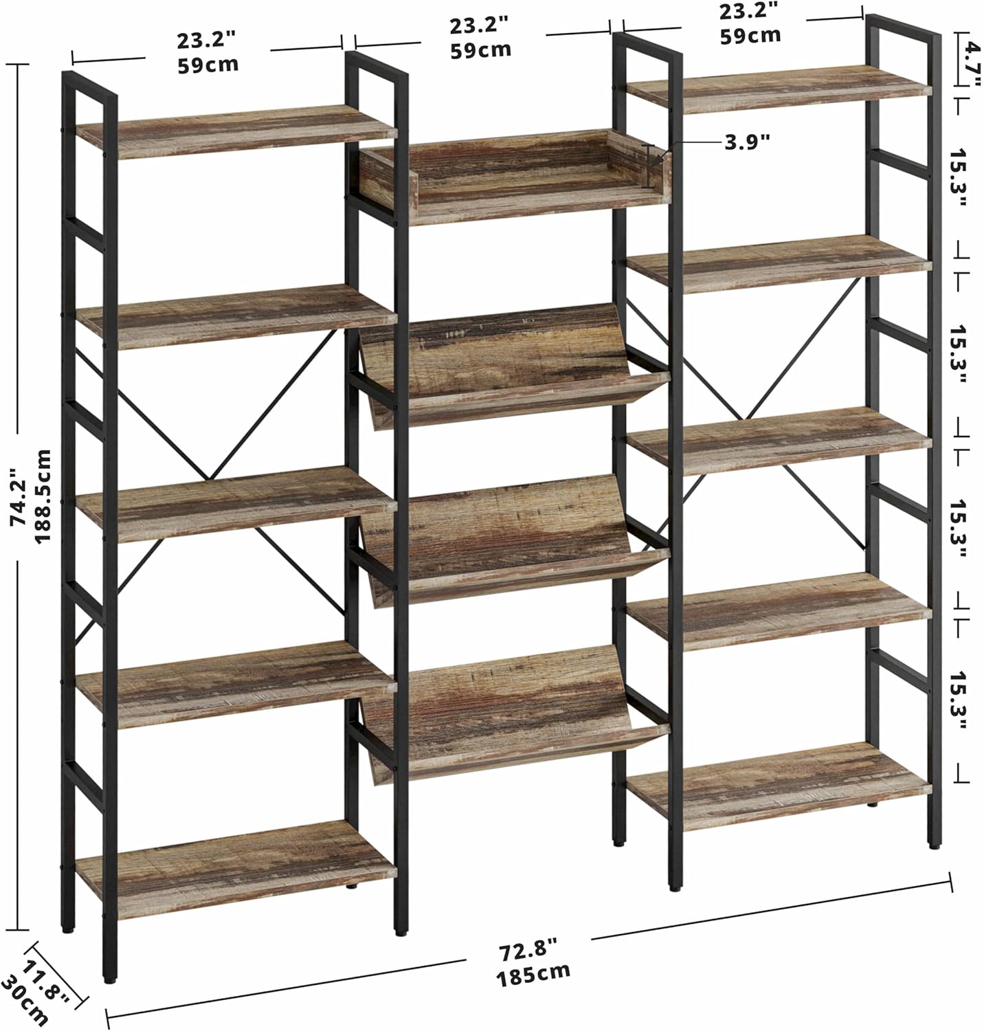 IRONCK Bookshelves and Bookcases 5 Tiers, Triple Wide Industrial Bookshelf, Large Etagere Bookshelf, Display Storage Bookshelves with Metal Frame for Living Room, Home Office