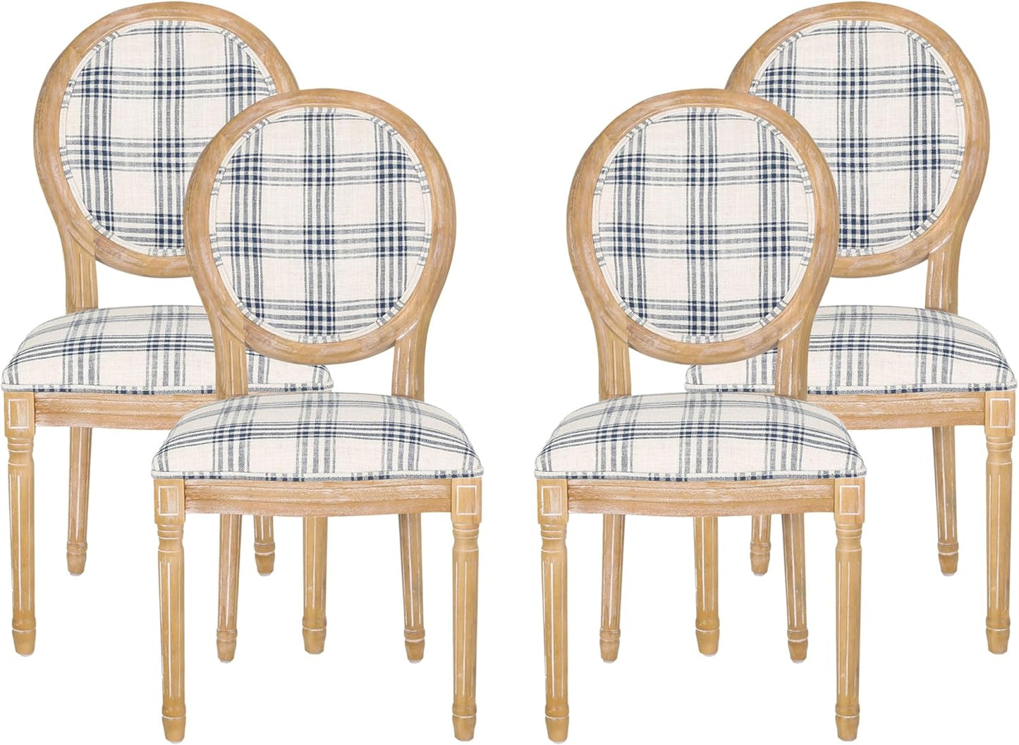 Christopher Knight Home Phinnaeus Dining Chair Set, Set of 4, Wood, Dark Blue Plaid + Light Beige + Natural
