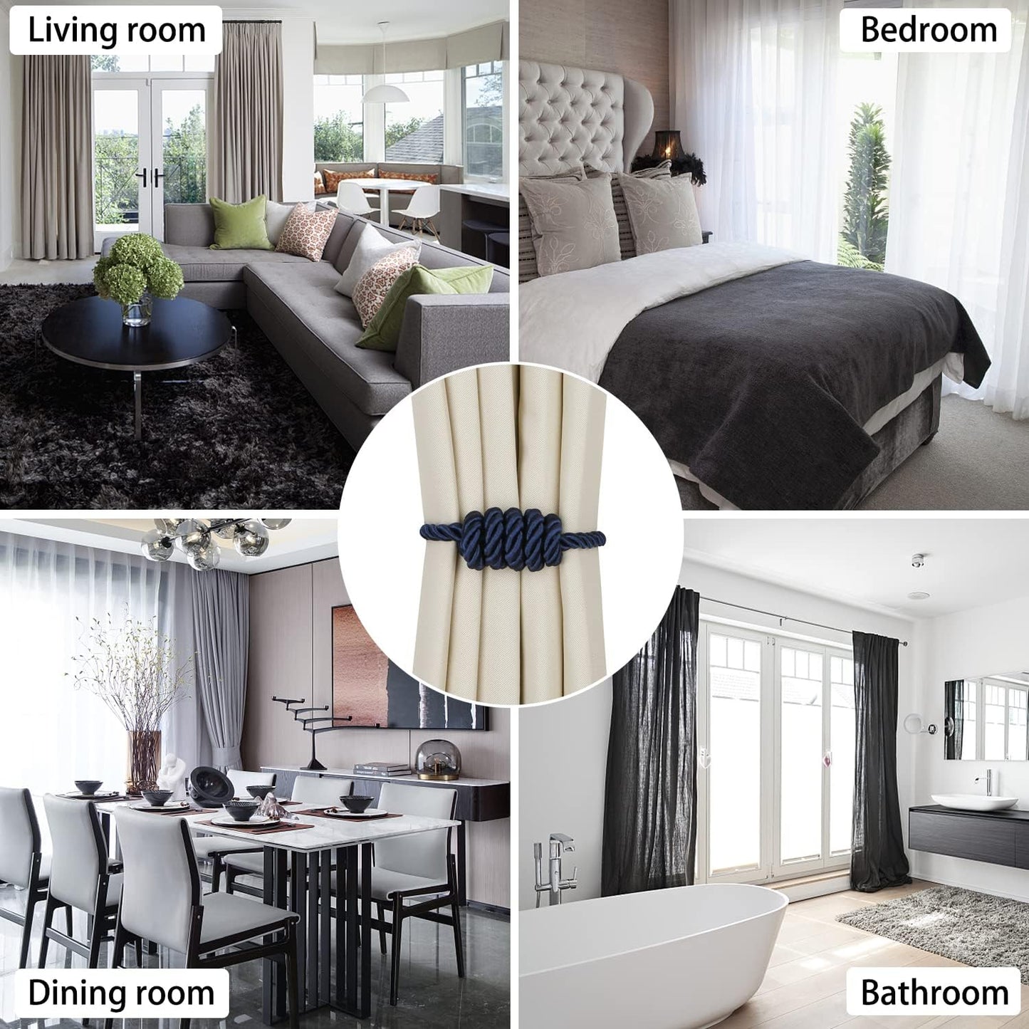 BEL AVENIR Magnetic Curtain Tiebacks, Decorative Drapery Holdbacks Modern Woven Tie-Backs with Exquisite Knot (Navy, 4 Pack)