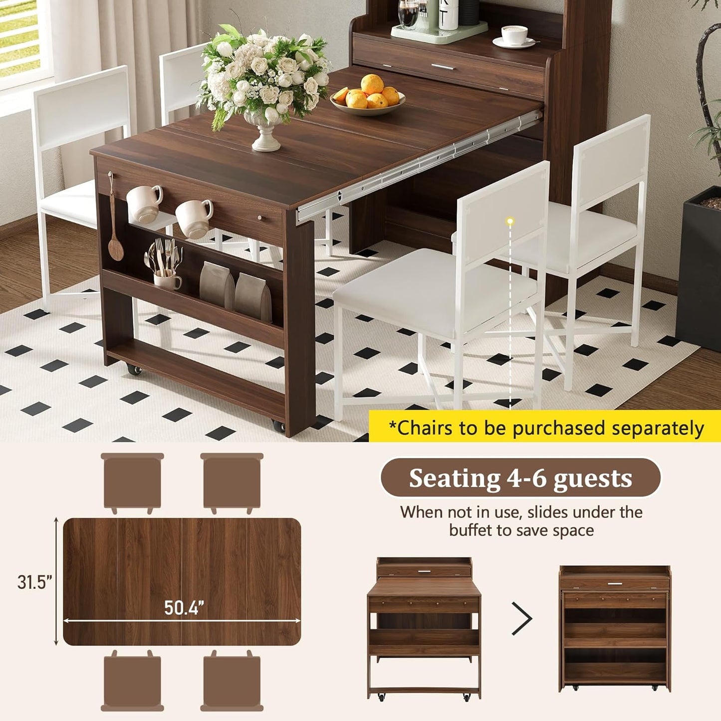 Merax Sideboard Buffet Cabinet with Foldable Dining Table, Multifunctional Cupboard with Storage Shelf and Hooks, for Small Places,Studio, Apartment