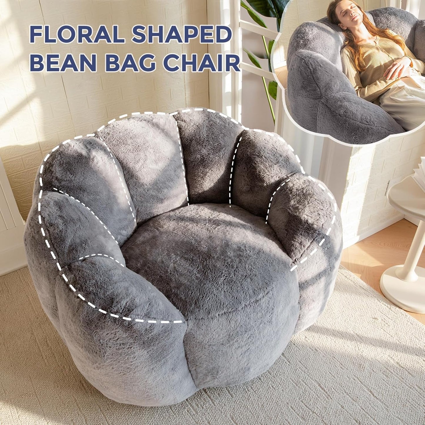 MAXYOYO Bean Bag Chair for Adults, Floral Shaped Bean Bag Sofa, Ultra Soft Faux Fur Floor Sofa, Large Reading Chair for Living Room Bedroom, Dark Grey, Single