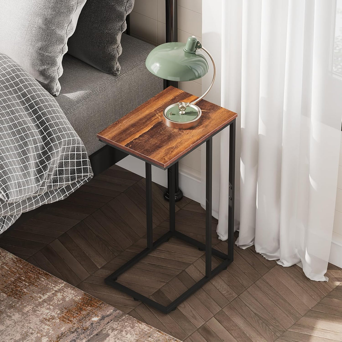 WLIVE Side Table, C Shaped End Table for Couch, Sofa and Bed, Large Desktop C Table for Living Room, Bedroom, Retro Brown and Black