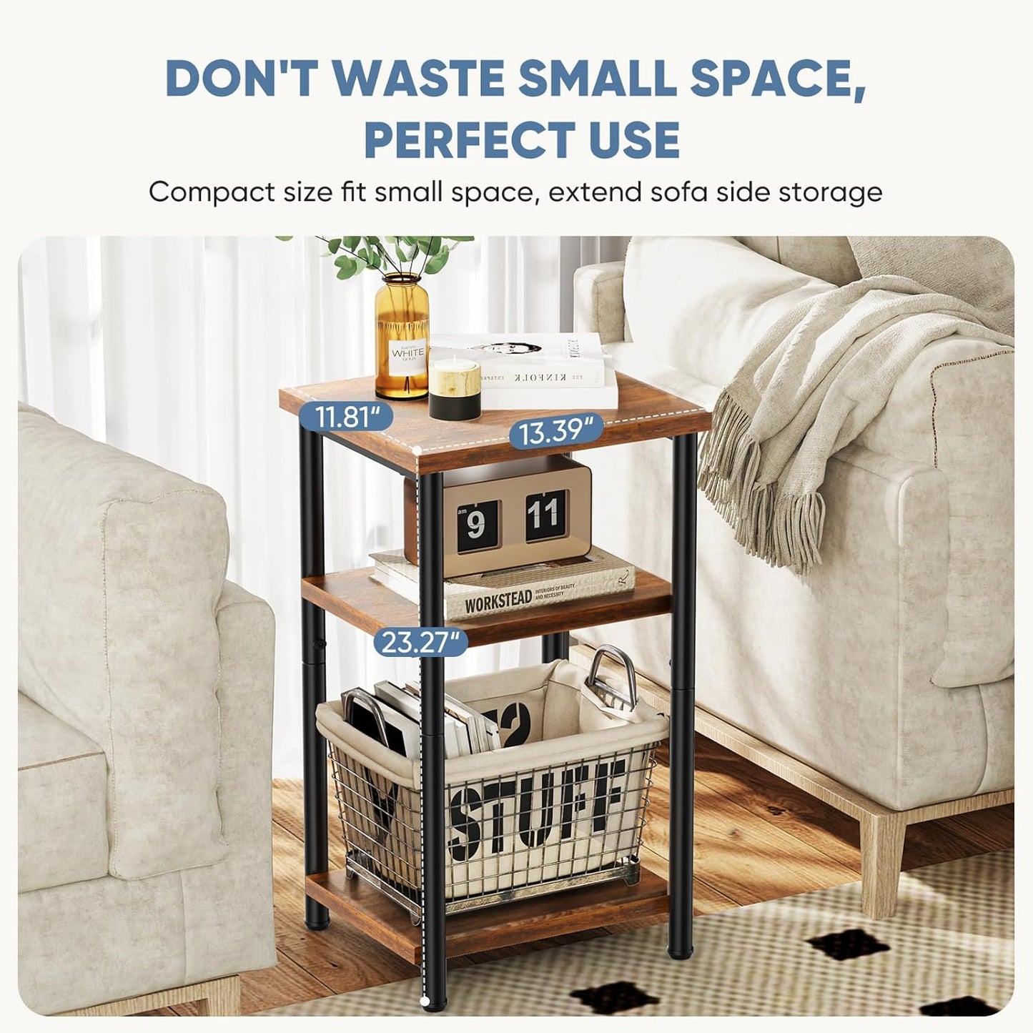 DUMOS End Table Small Side Sofa Tables 3 Tier Tall Nightstand Storage Shelf with Adjustable Feet for Living Room Bedroom Office, Brown