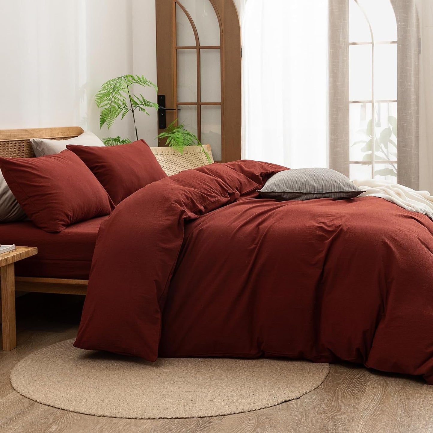 BESTOUCH Duvet Cover Set 100% Washed Cotton Linen Feel Super Soft Comfortable Chic Lightweight 3 PCs Home Bedding Set Solid Fired Brick Red King