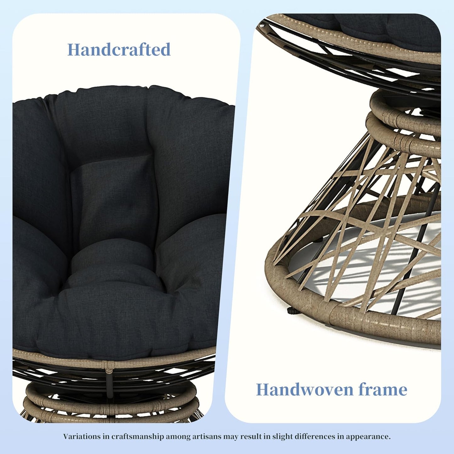 Ball & Cast Ergonomic Wicker Chair with Cloud Thick Density Fabric Cushion,Accent Chair W/ 360 Degree Swivel,Sturdy Metal Frame,Height Adjustable,for Reading,Living Room Bedroom,Lounge,Brown+Black