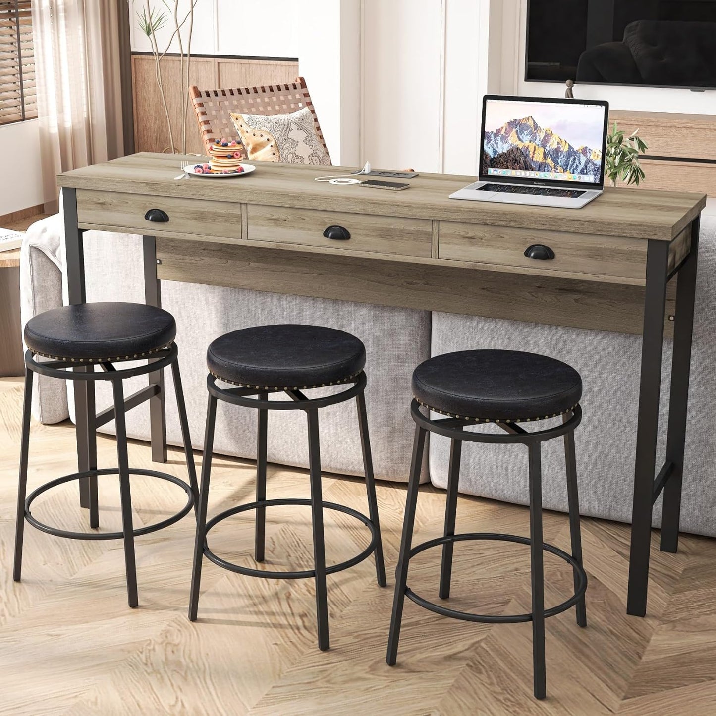 KEIKI 60.24” Long Bar High Top Dining Table and 3 Stools Chairs Set with Drawer & Power Outlet, Wood Behind Couch Sofa Counter Height Pub Furniture for Breakfast, Kitchen Living Party Room, Black