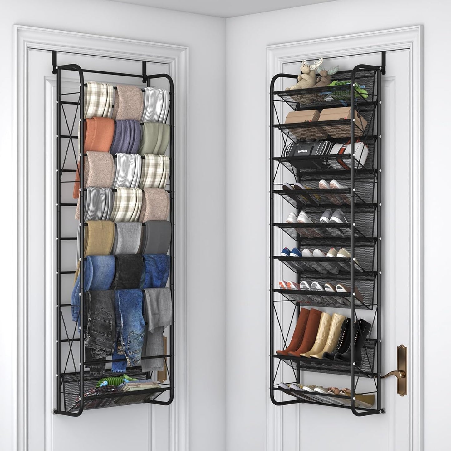 JSB 10 Tier Shoe rack Mesh fabric Over The Door Shoe Organizer X-structure Trouser hangers Closet Pantry Hanging Shoe Clothes Toys Storage Shelves (Black, 10 Tier)