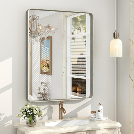 24x30 Inch Silver Bathroom Mirror, Brushed Metal Framed Vanity Mirror for Wall, Rounded Corner Rectangle Mirror, Anti- Rust (Horizontal/Vertical)