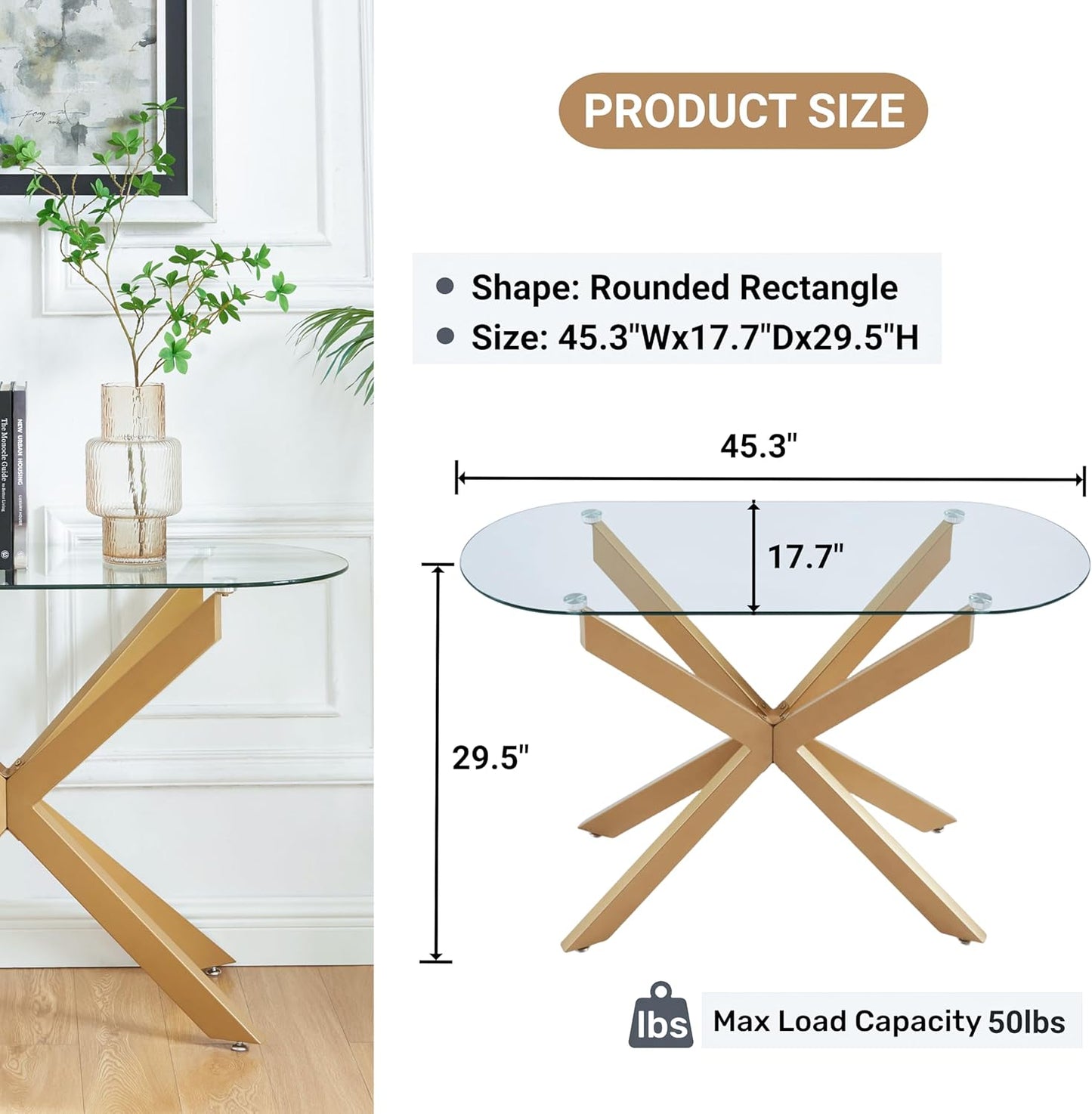 Gold Glass Oval Console Table, Modern Style Entryway Hallway Narrow Sofa Table, Entrance for Entryway, Living Room, Foyer, Hallway, Office， 45" Lx18 Wx30 H Gold