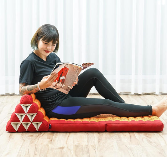 LEEWADEE 2-Fold Mat with Triangle Cushion – Comfortable TV Pillow, Foldable Mattress with Cushion Made of Eco-Friendly Kapok, 45 x 20 inches, Orange red
