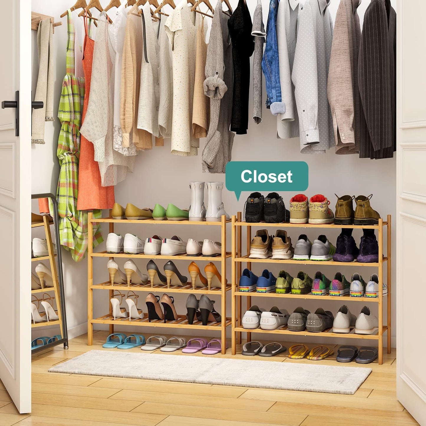 4-Tier Bamboo Shoe Rack for Entryway, Stackable | Foldable | Natural, Shoe Organizer for Hallway Closet, Free Standing Shoe Racks for Indoor Outdoor