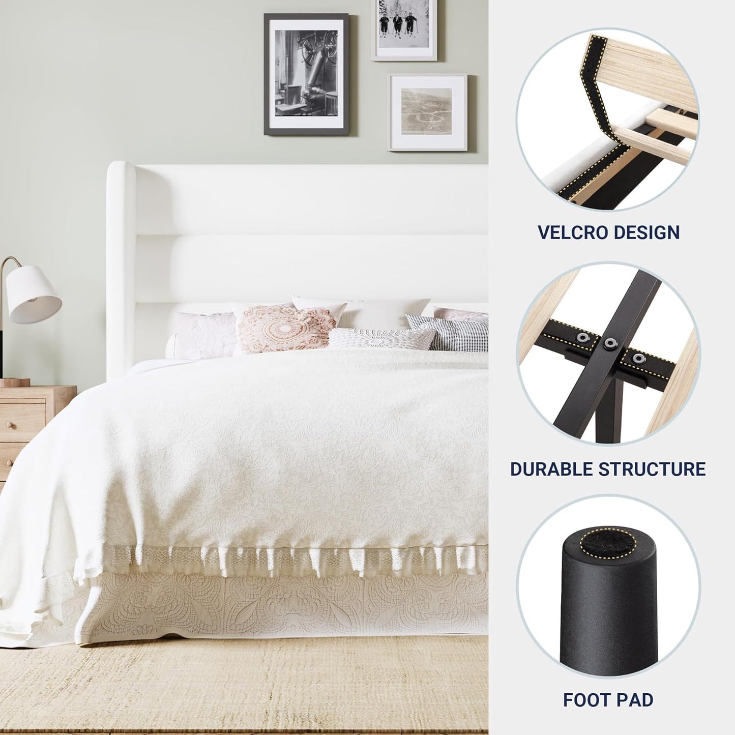 Allewie Queen Size Platform Bed Frame with Velvet Upholstered Wingback Headboard, No Box Spring Needed, Under Bed Storage Space, Strong Wooden Slats, Modern Mattress Foundation, Easy Assembly, White