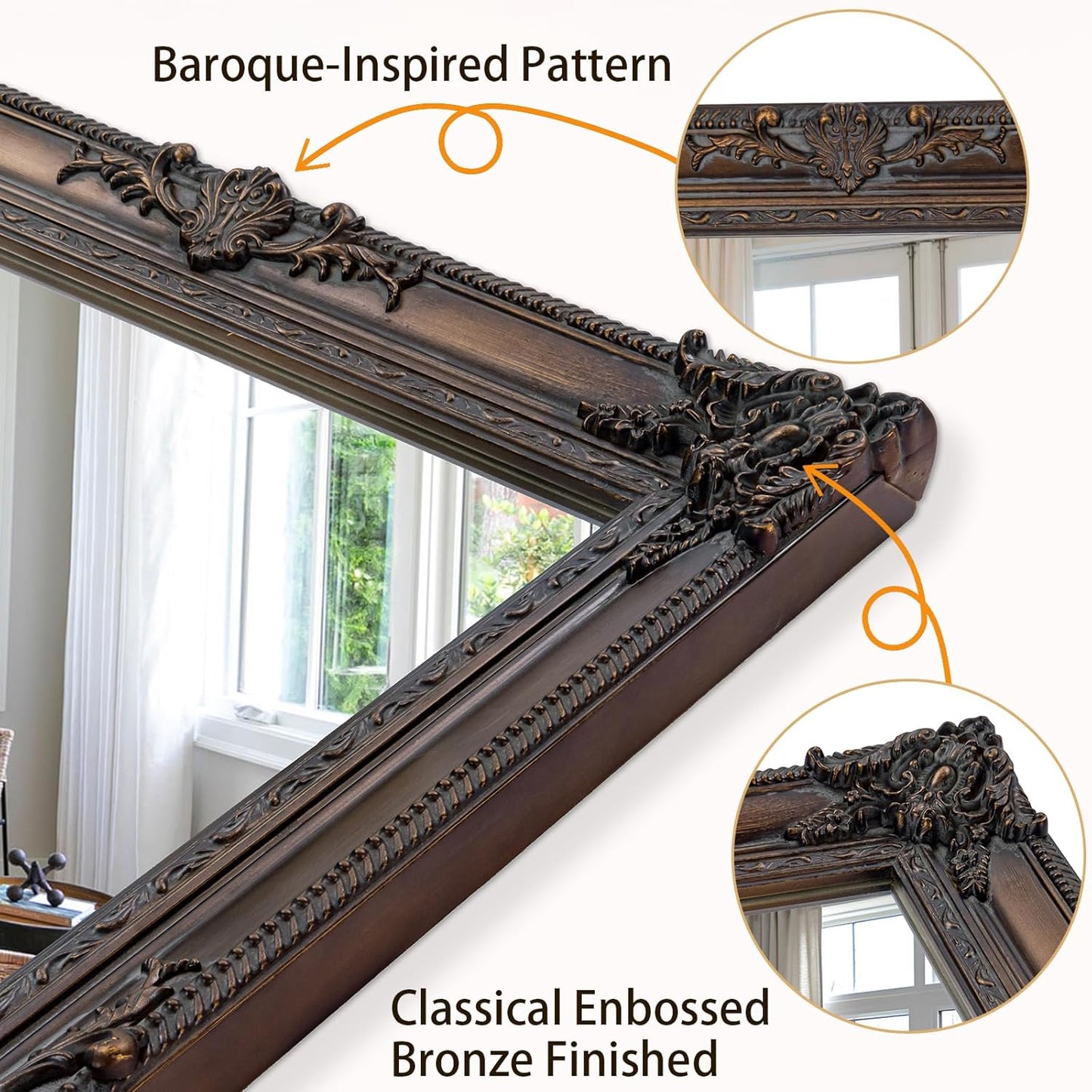 Large Bronze Mirror, 53''x29.5''Vintage Mirrors with Ornate Wooden Frame, Decorative Mirror for Living Room Dining Room Hallway, Horizontal/Vertical