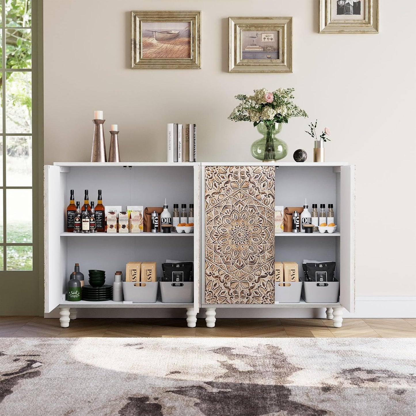 COSIEST Set of 3 32" Buffet Sideboard Cabinets with Vintage Firework Carved Pinewood Doors, Push-to-Open Storage Accent Cabinets, Gray