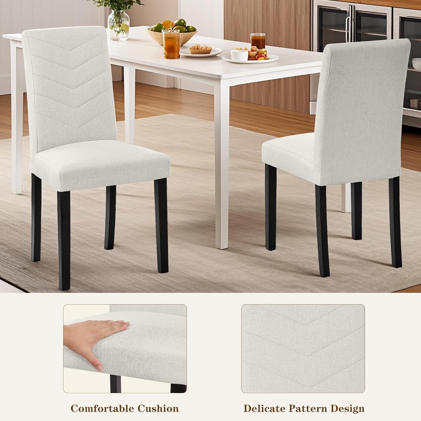 VECELO Upholstered Dining Chairs Set of 4, Fabric Wood Legs High Back for Kitchen Living Room, Beige