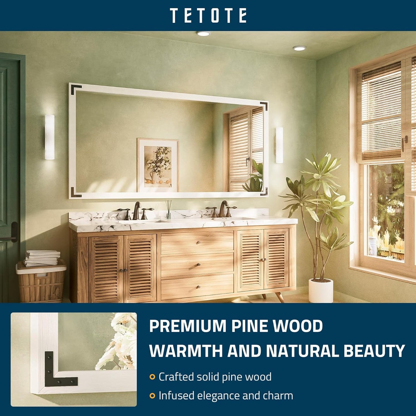 TETOTE 72 x 36 White Wooden Mirror for Bathroom Wall/Bedroom/Living Room/Entryway Farmhouse Rustic Bathroom Vanity Mirror for Wall Waterproof (Horizontal/Vertical Mounted)