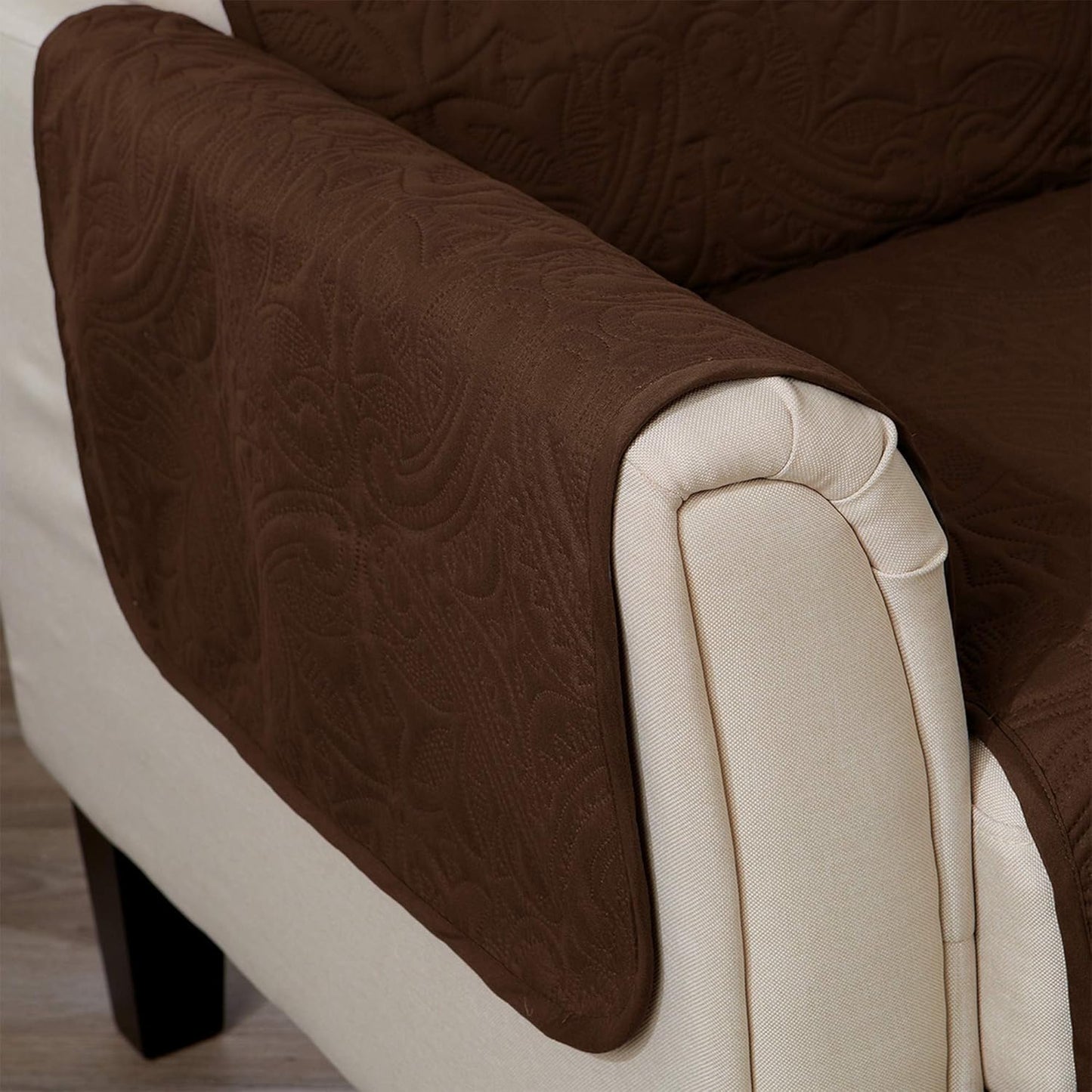 Great Bay Home Medallion Stitched Solid Furniture Protector Stain Resistant Durable Furniture Protector Elenor Collection (Sofa, Chocolate/Taupe)