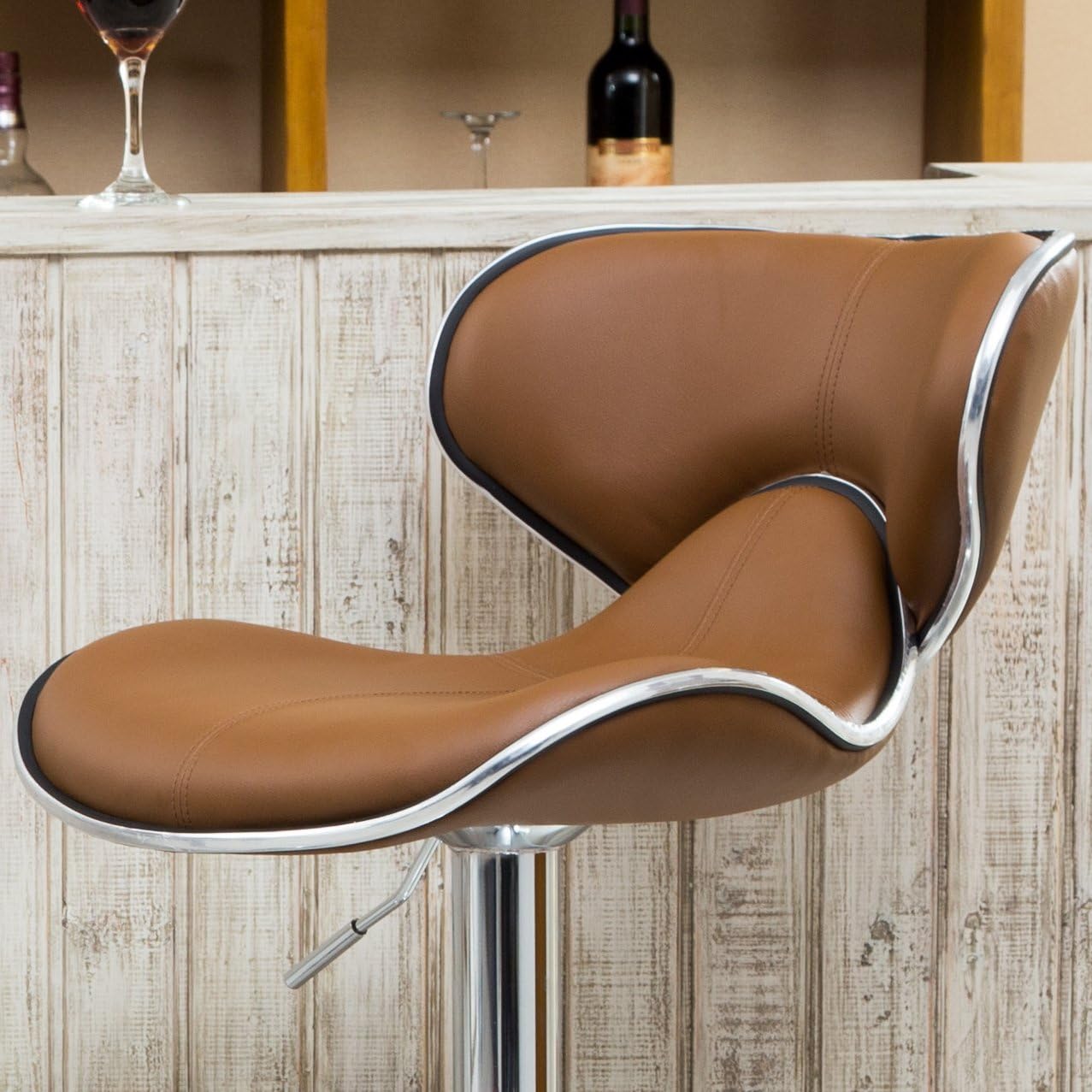Roundhill Furniture Masaccio Cushioned Leatherette Upholstery Airlift Adjustable Swivel Barstool with Chrome Base, Set of 2, Caramel