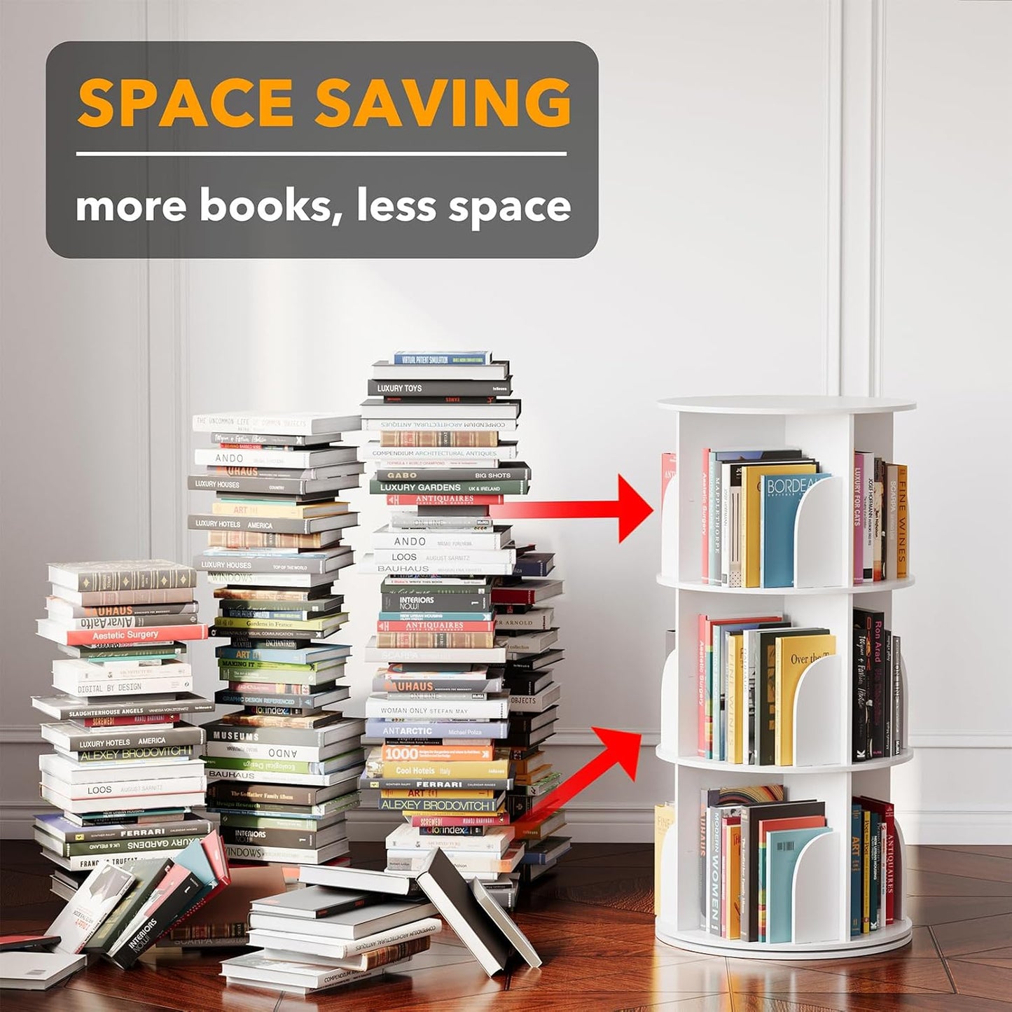 SpaceAid 3 Tier Rotating Bookshelf Tower, Spinning Bookcase Lazy Susan, Revolving 360 Book Shelf Storage Round Carousel, Vertical Rotate Turning Spiral Corner Organizer, White