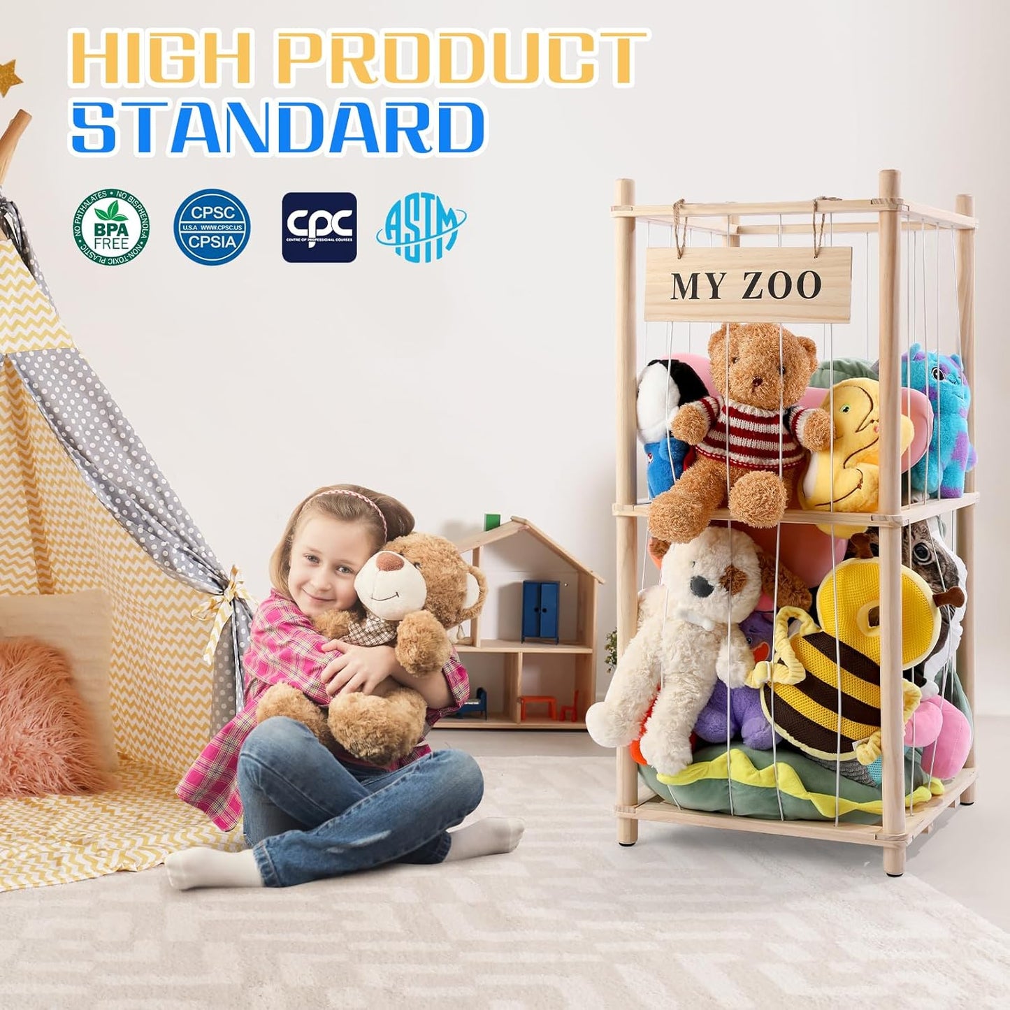 Stuffed Animal Storage Zoo, Wooden Stuffed Animal Organizer with Elastic Cords for Boys Girls, Space Saving Toy Plushies Storage Holder for Playroom, Bedroom, Living Room (Burlywood, Small)