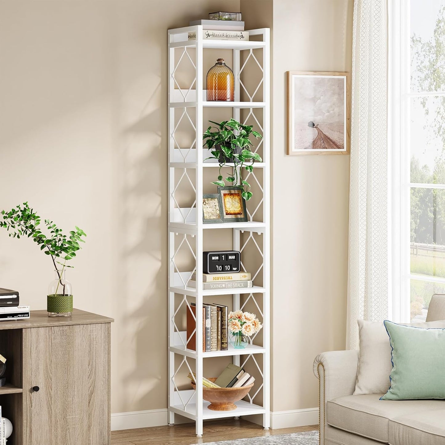 Tribesigns 78.7 Inch Extra Tall Narrow Bookshelf, 7 Tier Skinny Bookcase for Small Spaces, Freestanding Display Shelves, Multifunctional Corner Storage Organizer for Home Office, White