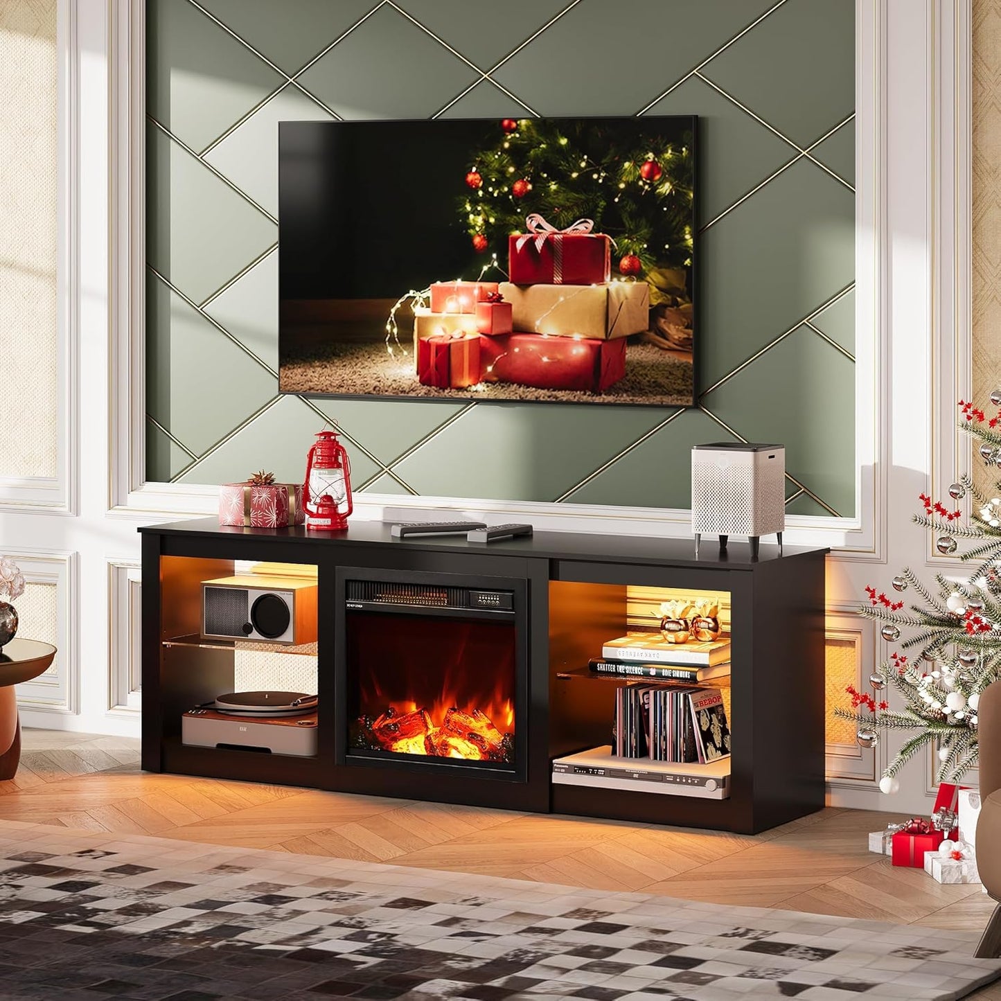 WLIVE 58 Inches Fireplace TV Stand with LED Lights, Modern Entertainment Center with 18'' Electric Fireplace & Adjustable Glass Shelves, Sturdy Media Console for Living Room, Bedroom,Gaming (Black)