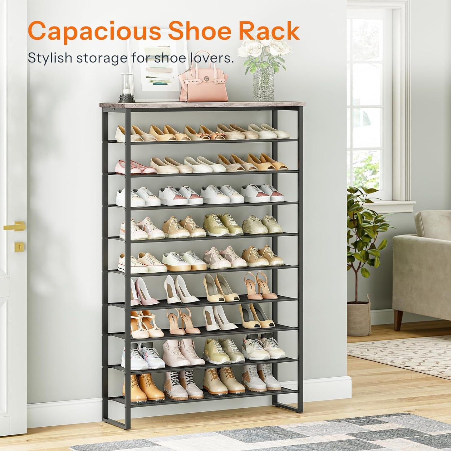 HOOBRO 10-Tier Shoe Rack, 39.4" L Shoe Storage Organizer, Large Capacity Shoe Shelf for Front Door Entrance, Entryway, Hallway, Holds 45-50 Pairs of Shoes, Closet, Greige and Black BG171XJ01