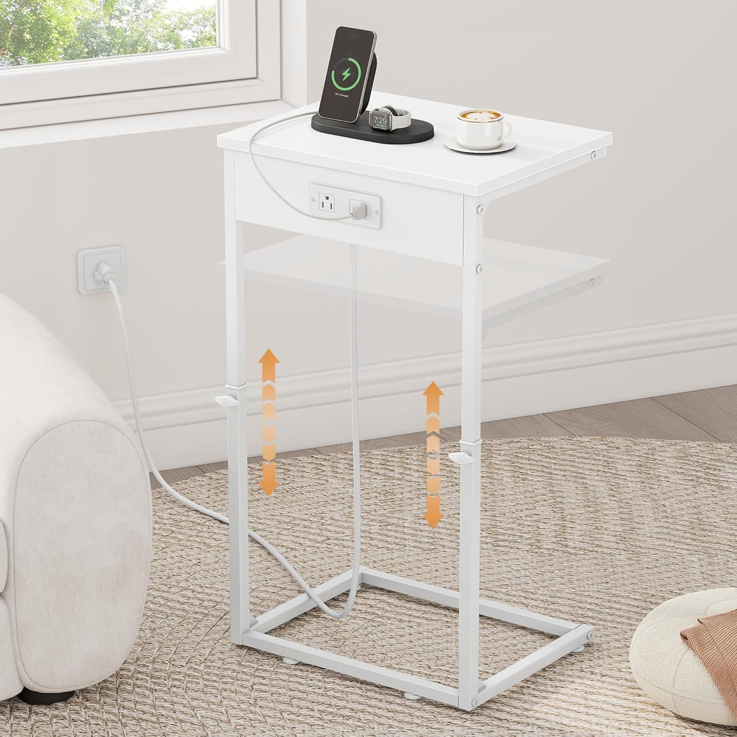 Vagusicc C Shaped End Table with Charging Station, Adjustable Height Side Table for Couch, Small End Table Small Spaces, 33.2'' Tall Couch Tables that Slide Under, Tv Tray Table for Living Room, White