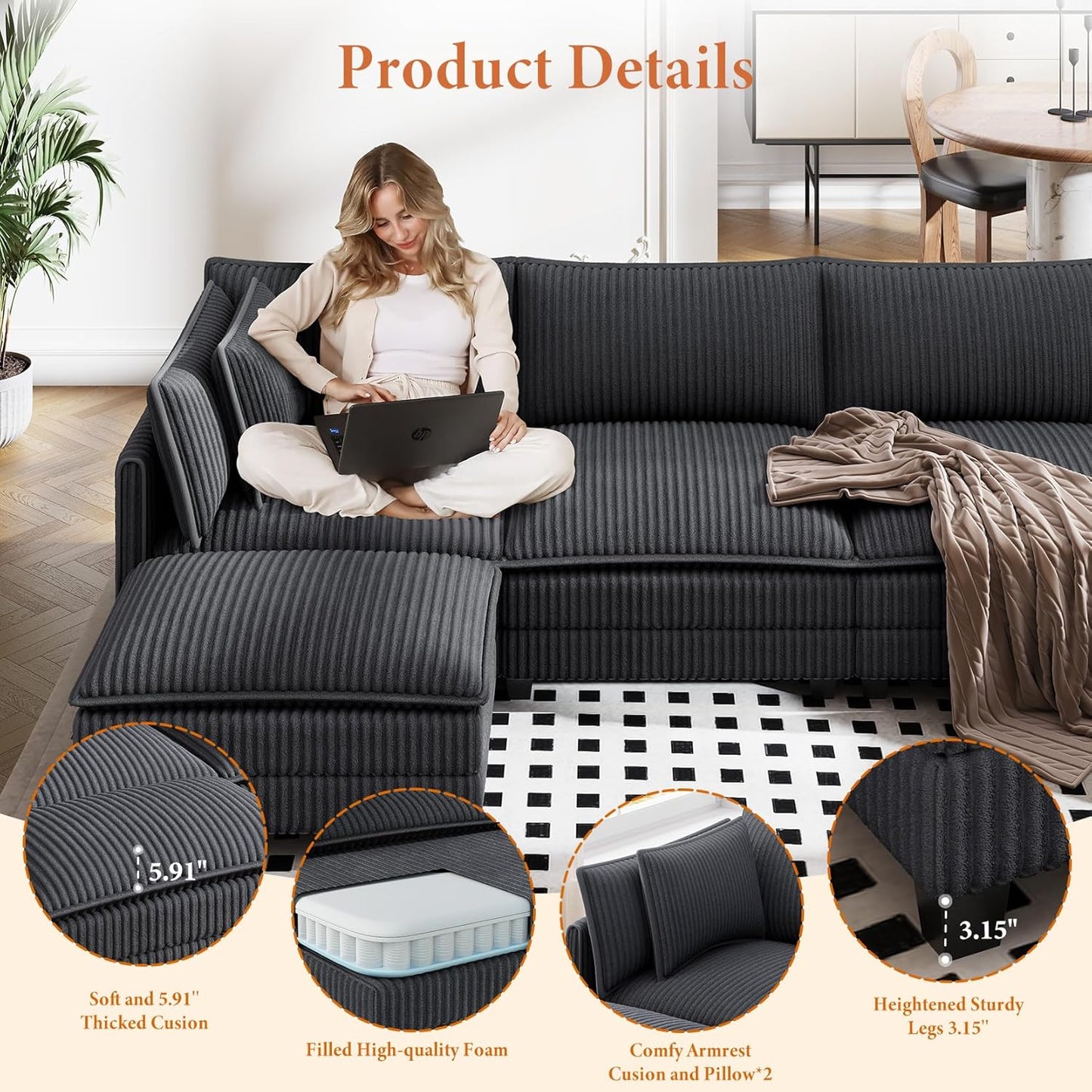 Vesgantti 109" U Shaped Cloud Sectional Sofa, Comfy Corduroy Upholstered Sectional Modular Sofas for Living Room, Modern Modular Couch with 2 Ottoman Deep Seat, Dark Grey