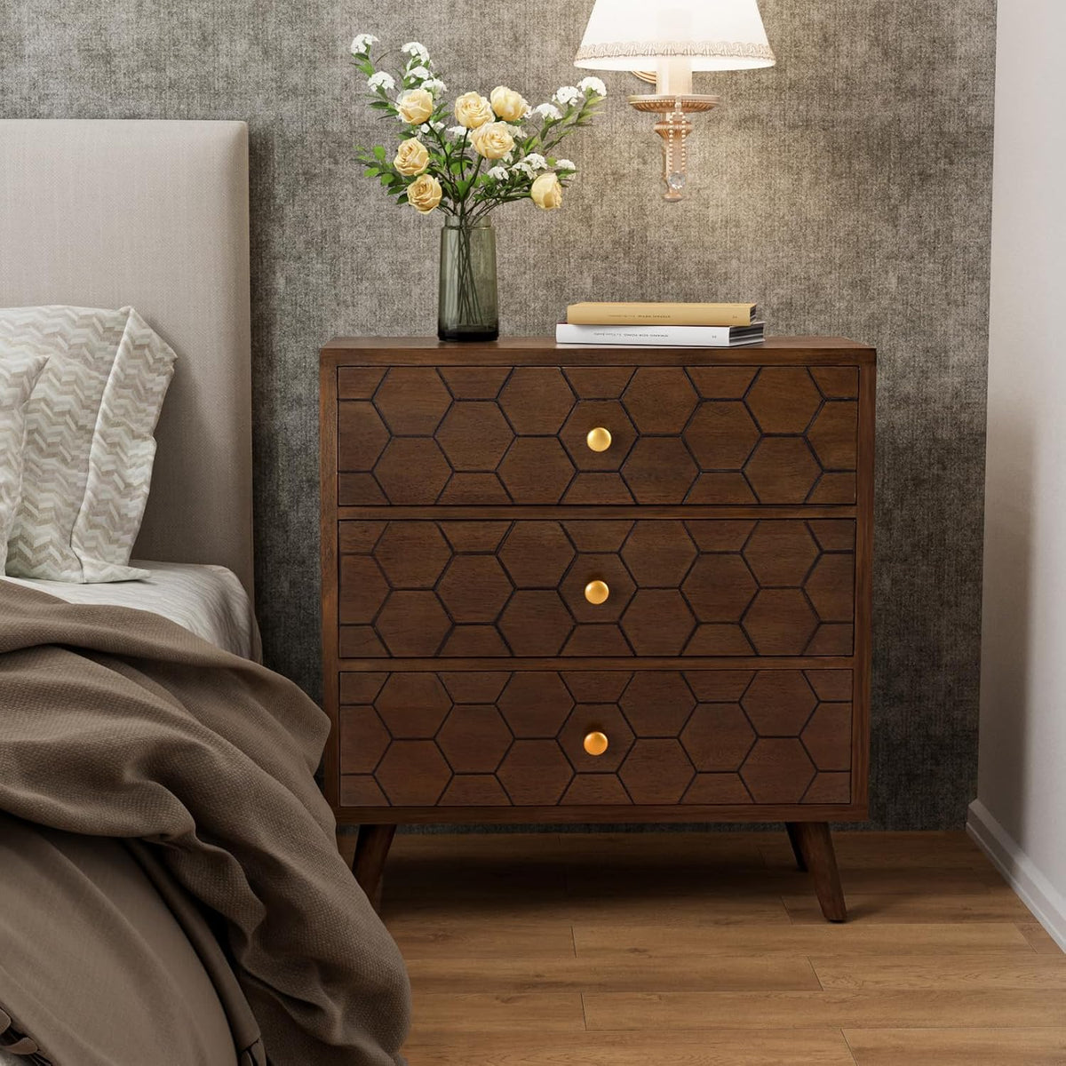 COSIEST Modern End Table w 3 Storage Drawers, Night Stand w Honeycomb Pattern, Small Wood Chest, Accent Cabinet for Bedroom, Living Room