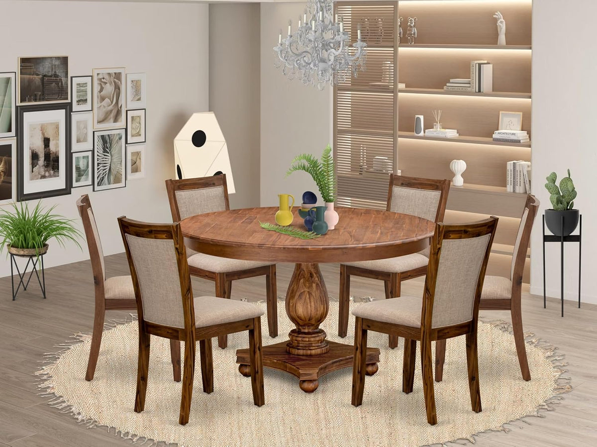 F2MZ7-50N-04 7-Pc Wooden Dining Set Includes a Pedestal Table and 6 Light Tan Polyester Parson Chairs with Padded Back - Antique Walnut