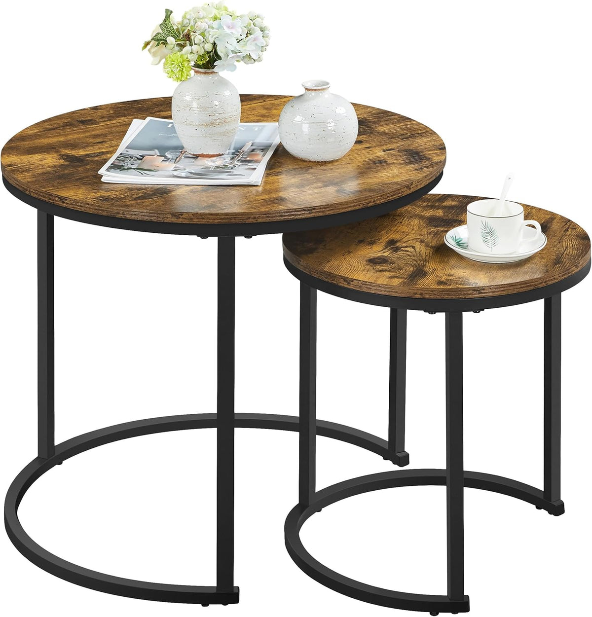Yaheetech Nesting Coffee Table, Round Coffee Table for Living Room, Nesting Table with Wooden Tabletop and Sturdy Metal Frame, Stacking Living Room Tables Nesting End Table Set of 2, Rustic Brown