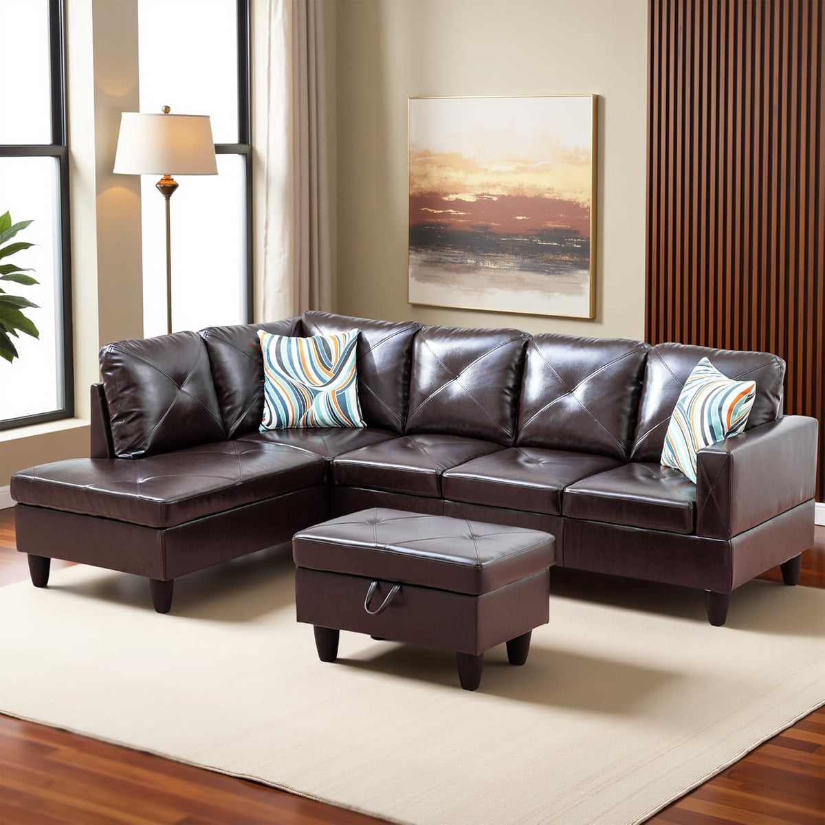 L Shaped Couch Faux Leather Sectional Couch Upholstered 3 Pieces Sofas for Living Room with Chaise, Storage Ottoman for Office and Small Apartment, Brown