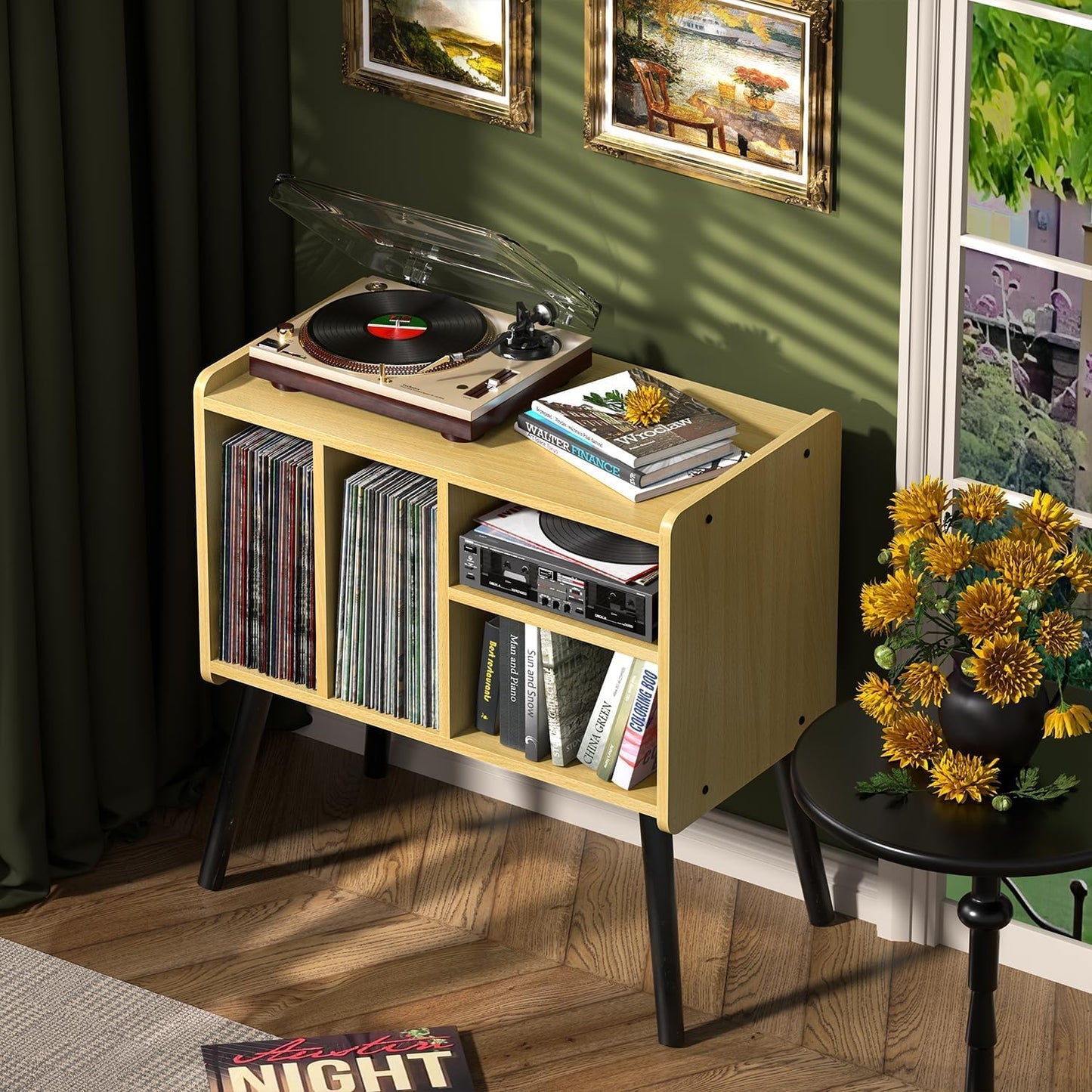 Record Player Table, Mid-Century Record Player Stand with Vinyl Storage Hold Up to 150+ Albums, Vinyl Record Cabinet with Adjustable Shelves, Wood Turntable Stand for Music Living Room (Walnut)