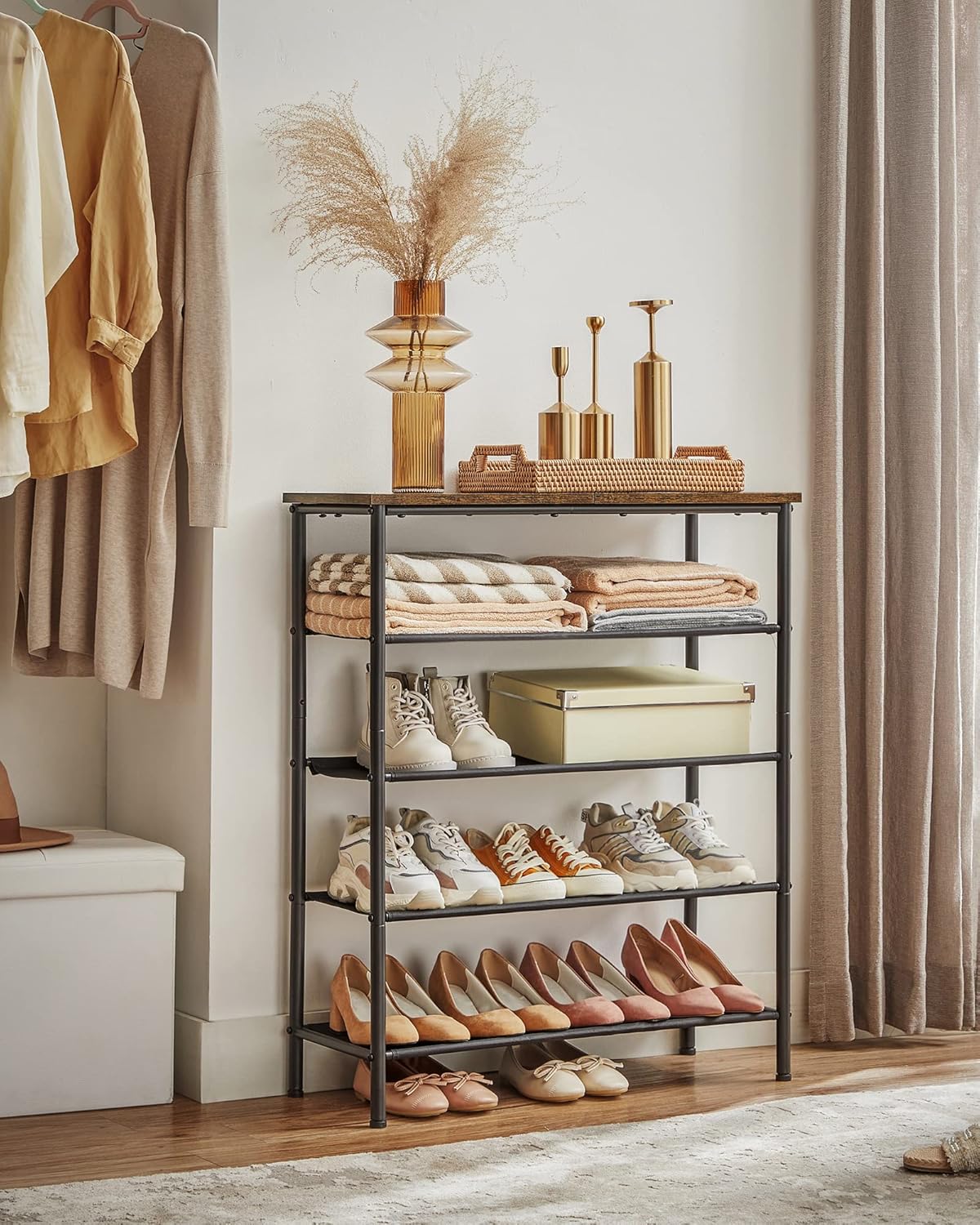 VASAGLE Shoe Rack, 5-Tier Shoe Storage Organizer for Entryway and Closet, Holds 12-16 Pairs of Shoes, 4 Fabric Shelves, Steel Frame, Industrial, Rustic Brown and Black ULBS036B01