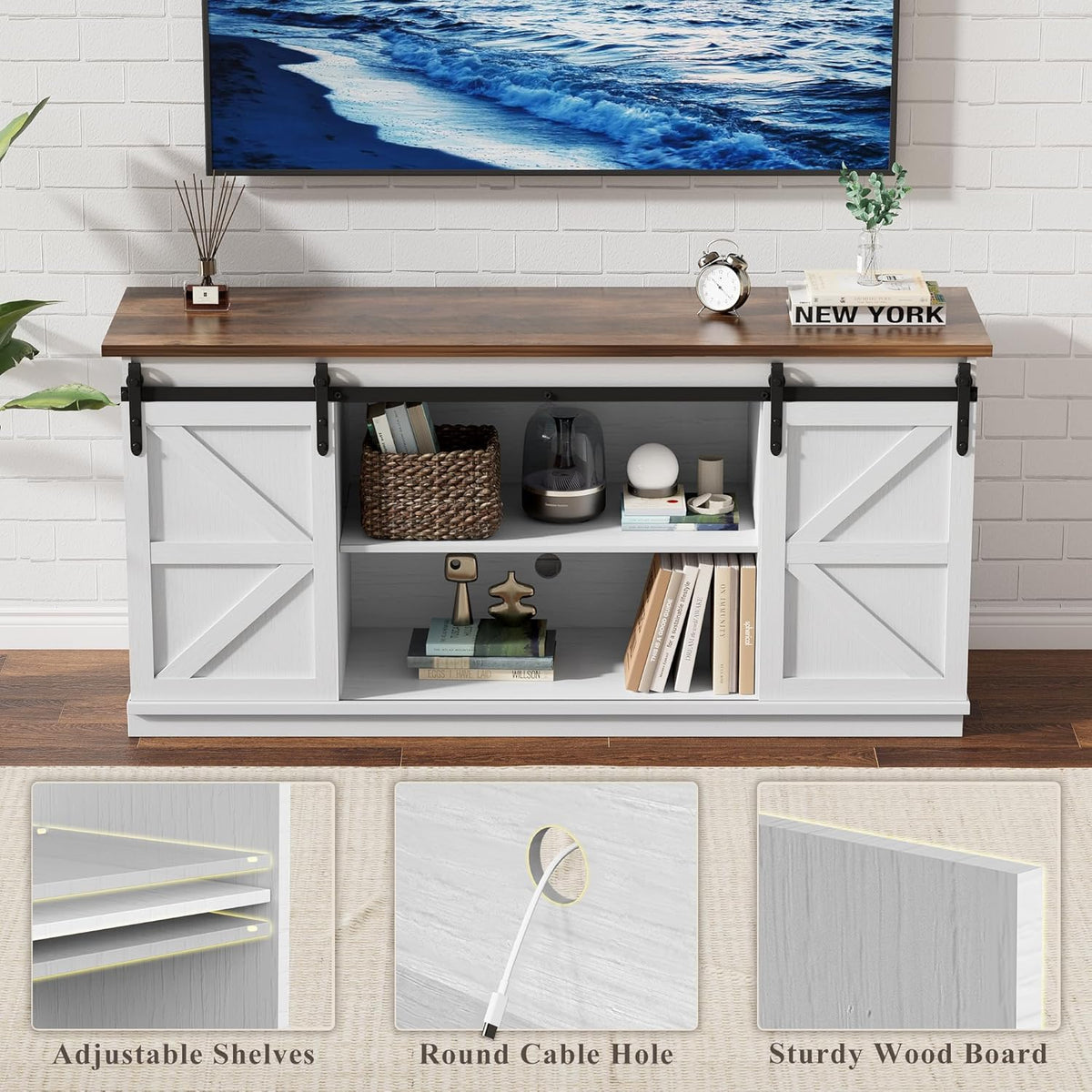YESHOMY Farmhouse TV Stand for Televisions up to 65 Inches, Sliding Barn Doors and Storage Cabinets, Console Table and Media Furniture for Living Room, 58 Inch, Milk White